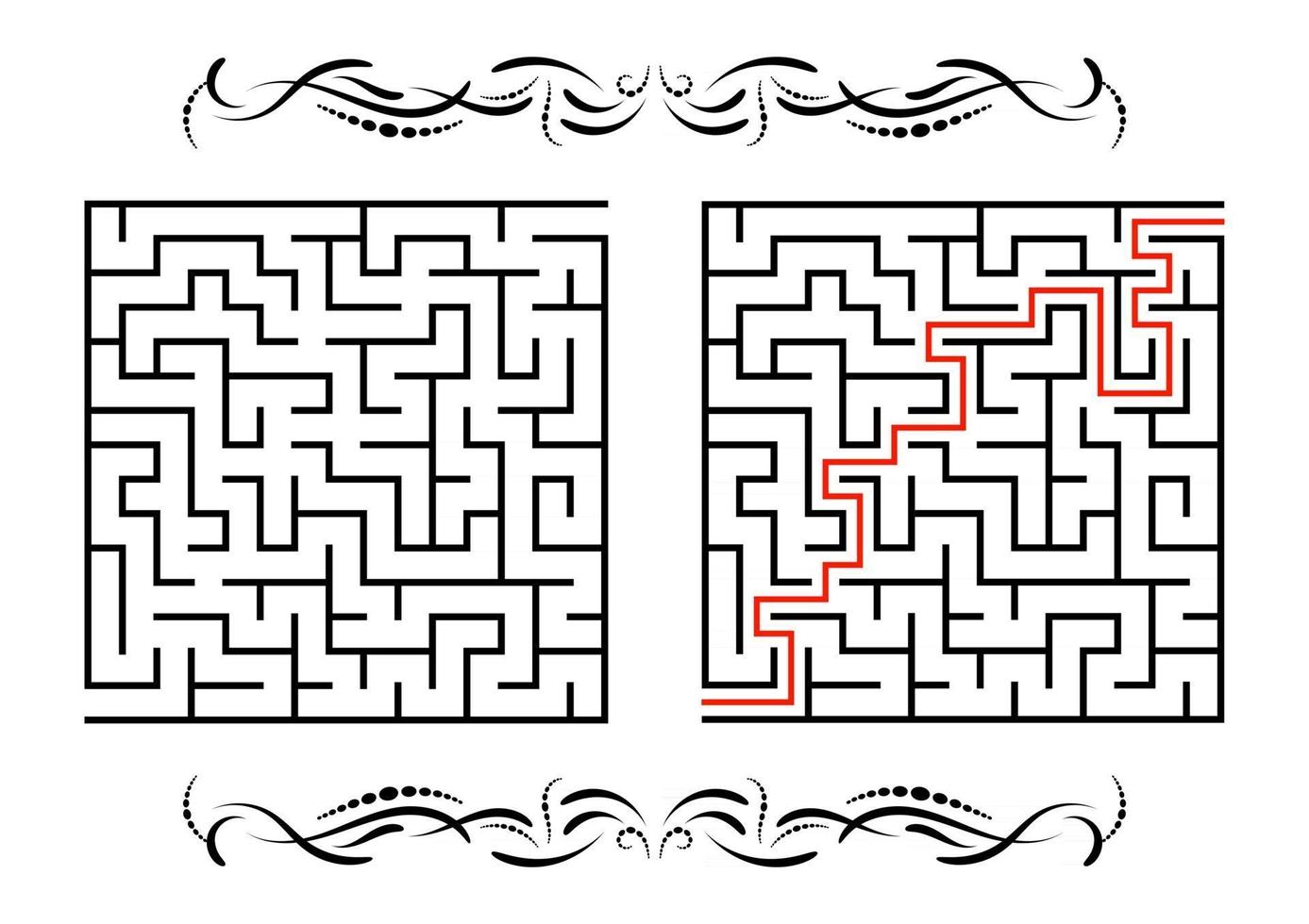 Abstract square maze. Game for kids. Puzzle for children. One entrance, one exit. Labyrinth conundrum. Flat vector illustration isolated on white background. With answer. With a vintage border