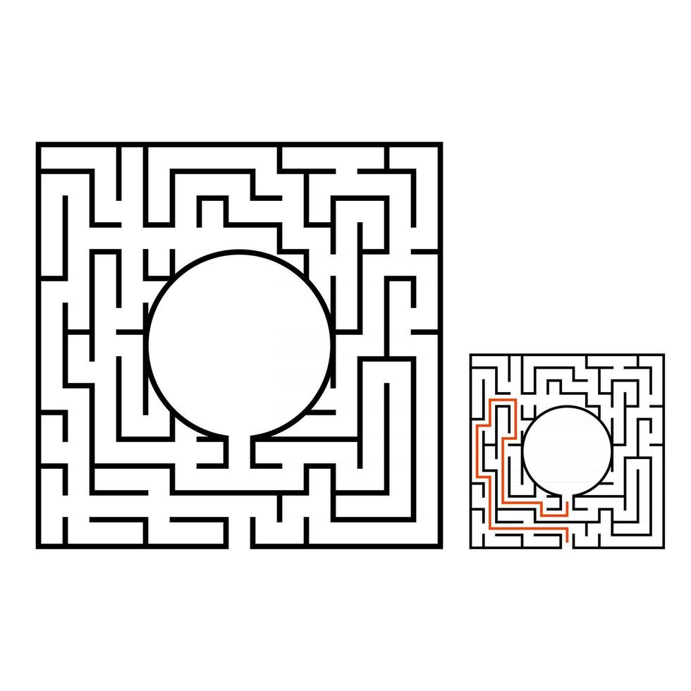 Abstract square maze. Game for kids. Puzzle for children. Labyrinth conundrum. Flat vector illustration isolated on white background. With answer. With place for your image.