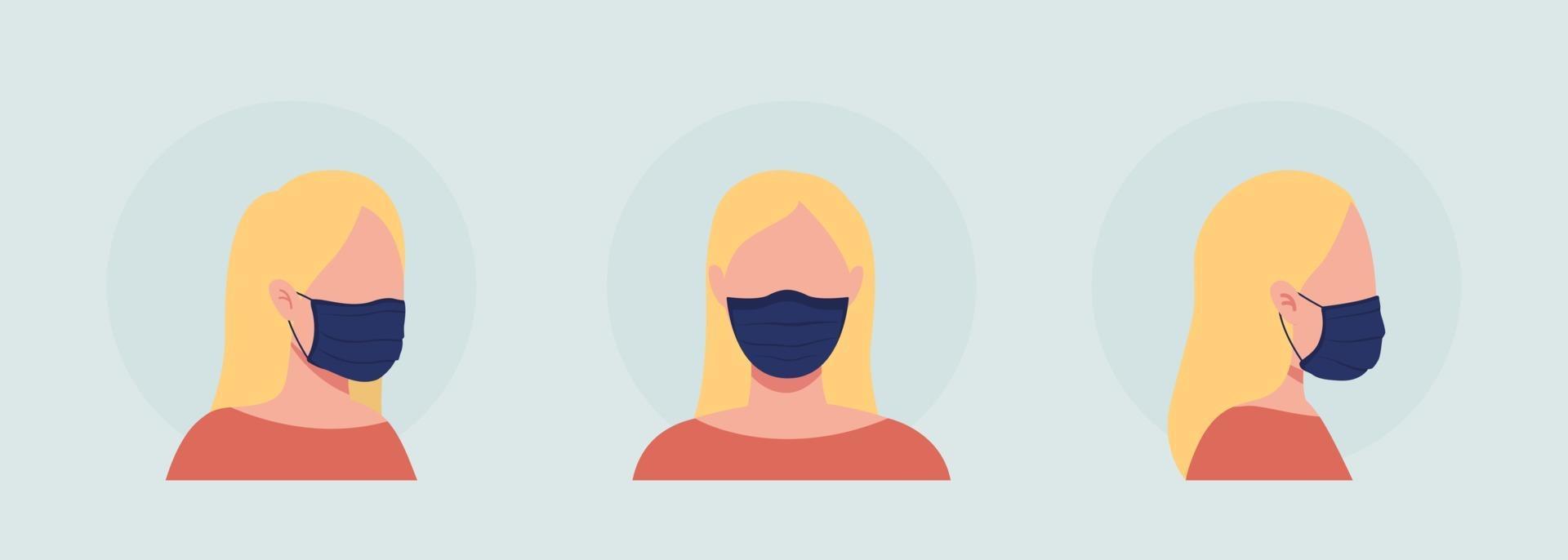 Avatar de personaje de vector de color semi plano de mujer rubia con conjunto de máscara