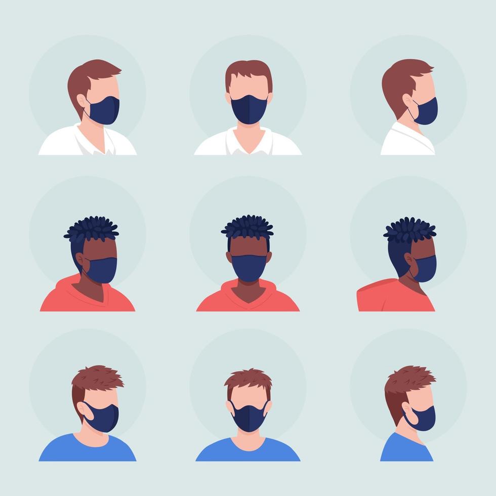 Diferentes hombres con máscara conjunto de avatar de carácter vectorial de color semi plano vector