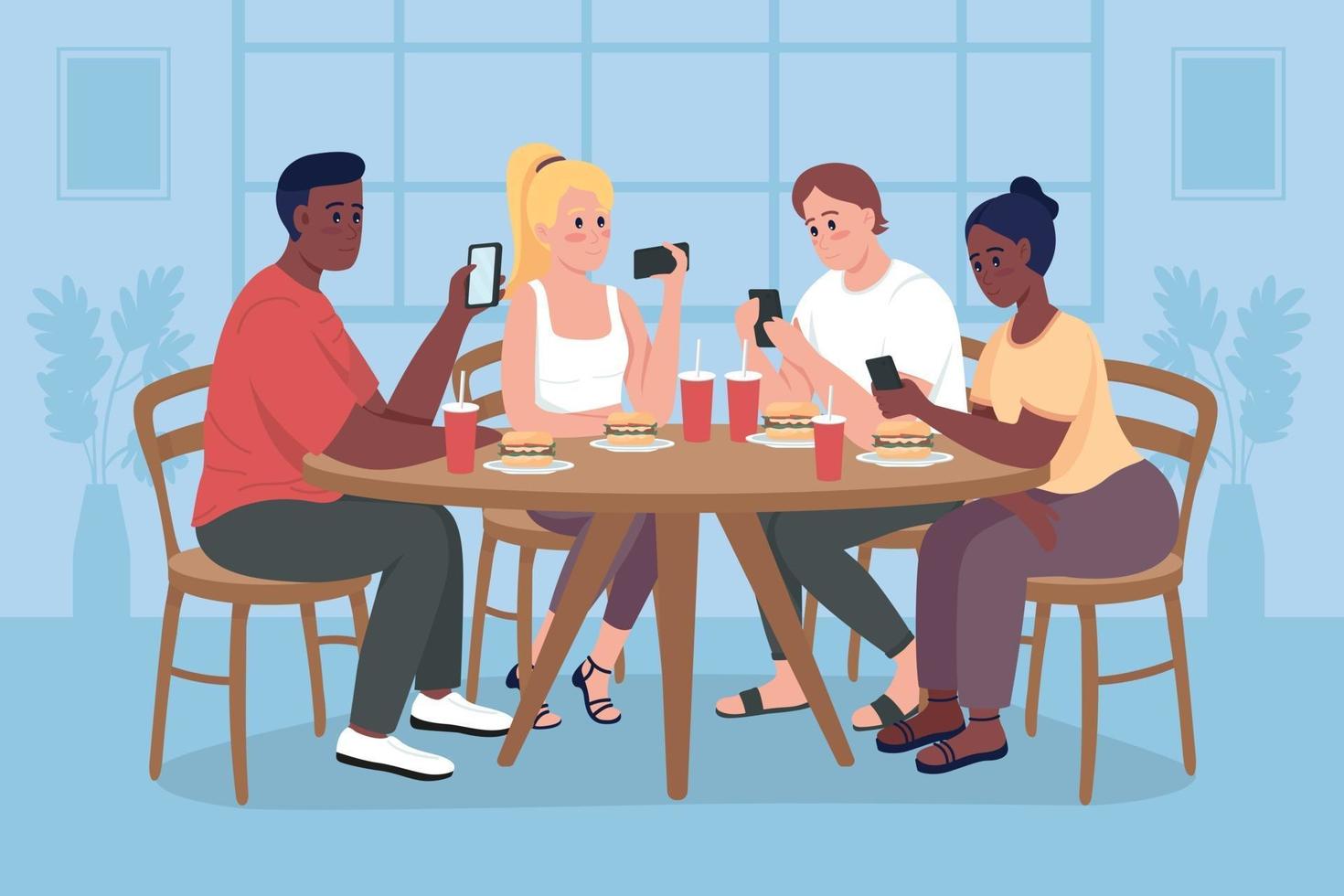 Students on mobile phones flat color vector illustration