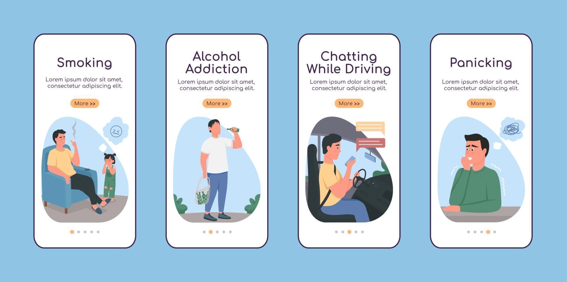 Unhealthy habits onboarding mobile app screen flat vector template