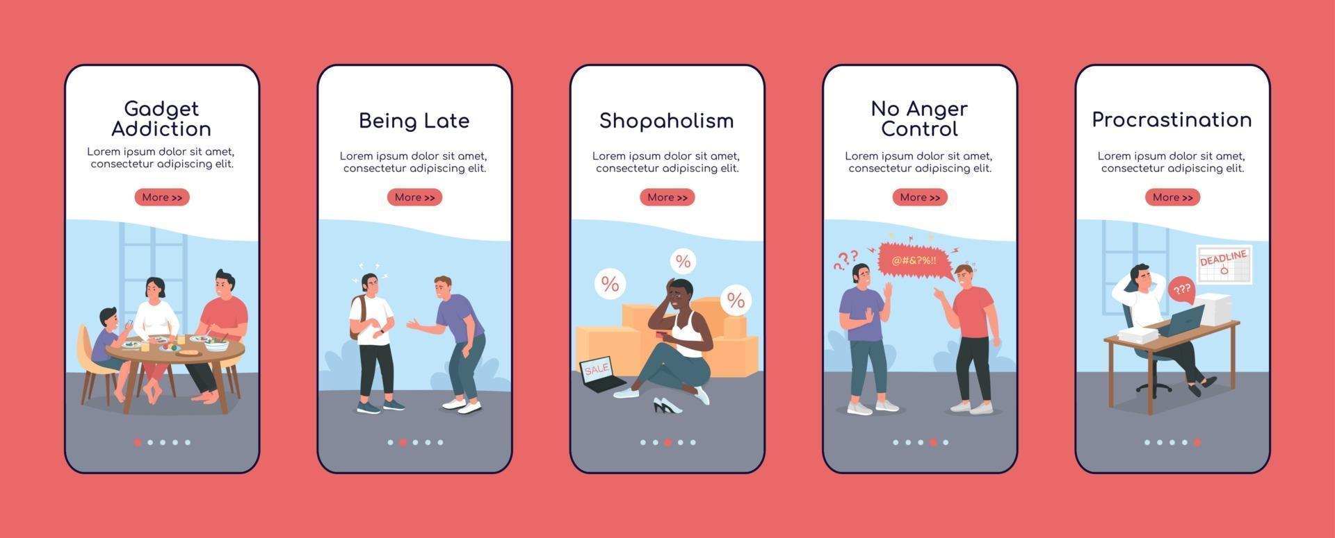 Bad habits onboarding mobile app screen flat vector template