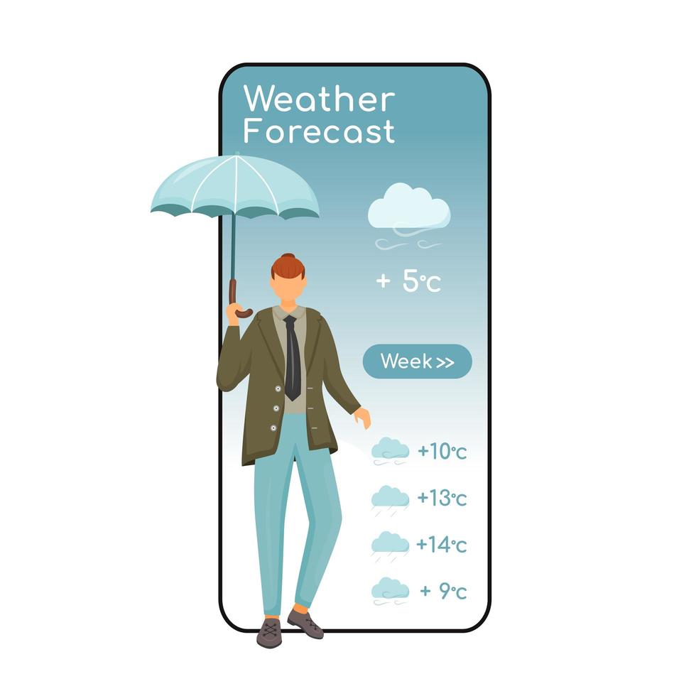 Weather forecast cartoon smartphone vector app screen. Mobile phone display with flat character design mockup. Male with umbrella. Caucasian man in jacket. Meteorology application telephone interface