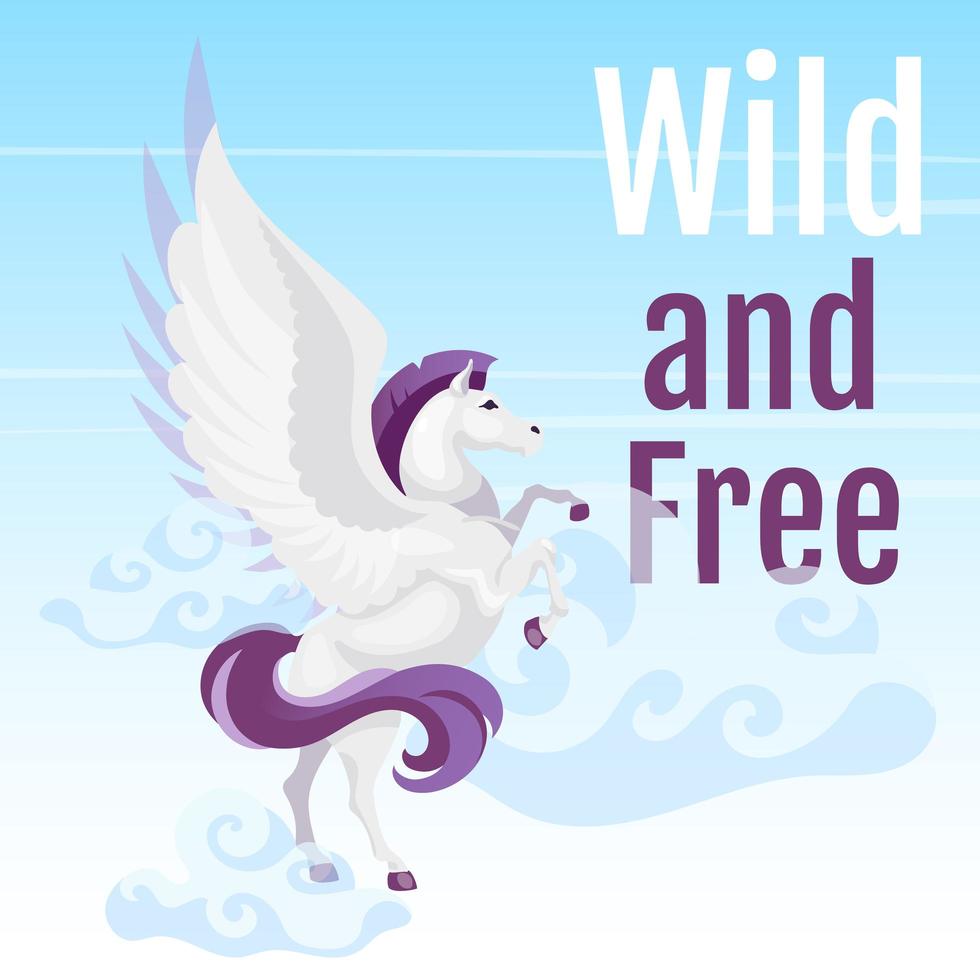 Wild and free social media post mockup. Greek mythological creature. Pegasus fly in sky. Horse with wings. Web banner design template. Social media booster, content layout. Poster flat illustrations vector