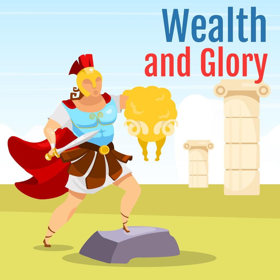 Wealth and glory social media post mockup. Greek mythology scene. Jason and golden fleece. Web banner design template. Social media booster, content layout. Poster with flat illustrations vector