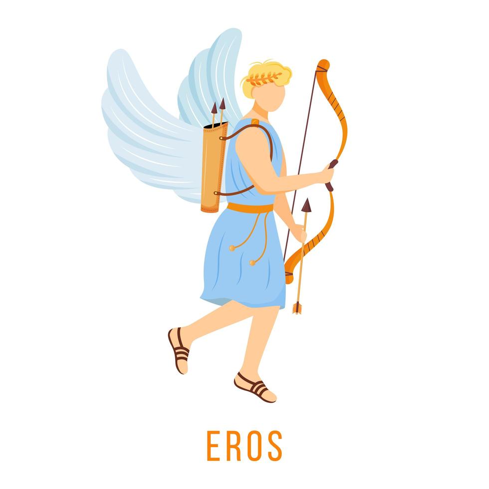 Eros flat vector illustration. God of love and attraction. Ancient Greek deity. Divine mythological figure. Isolated cartoon character on white background