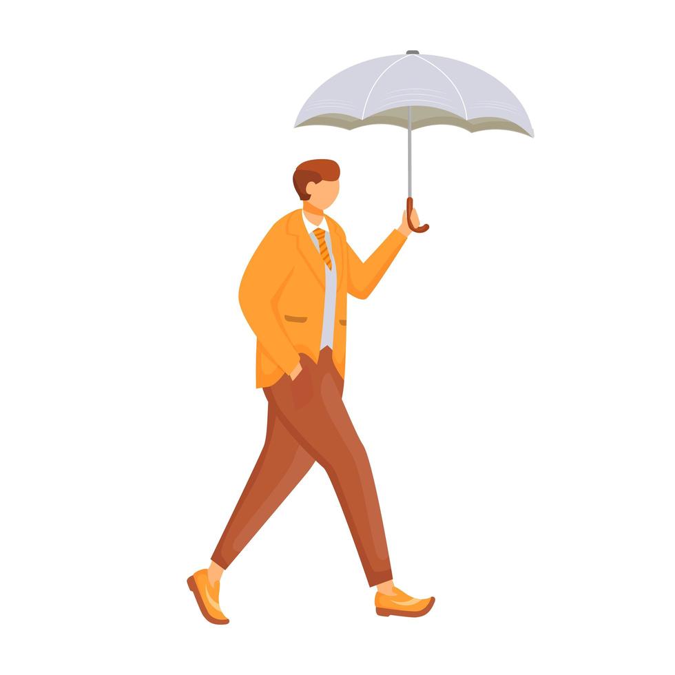 Hombre en personaje sin rostro de vector de color plano de chaqueta naranja. clima lluvioso. día húmedo de otoño. macho con paraguas. caminando chico caucásico en traje aislado ilustración de dibujos animados sobre fondo blanco