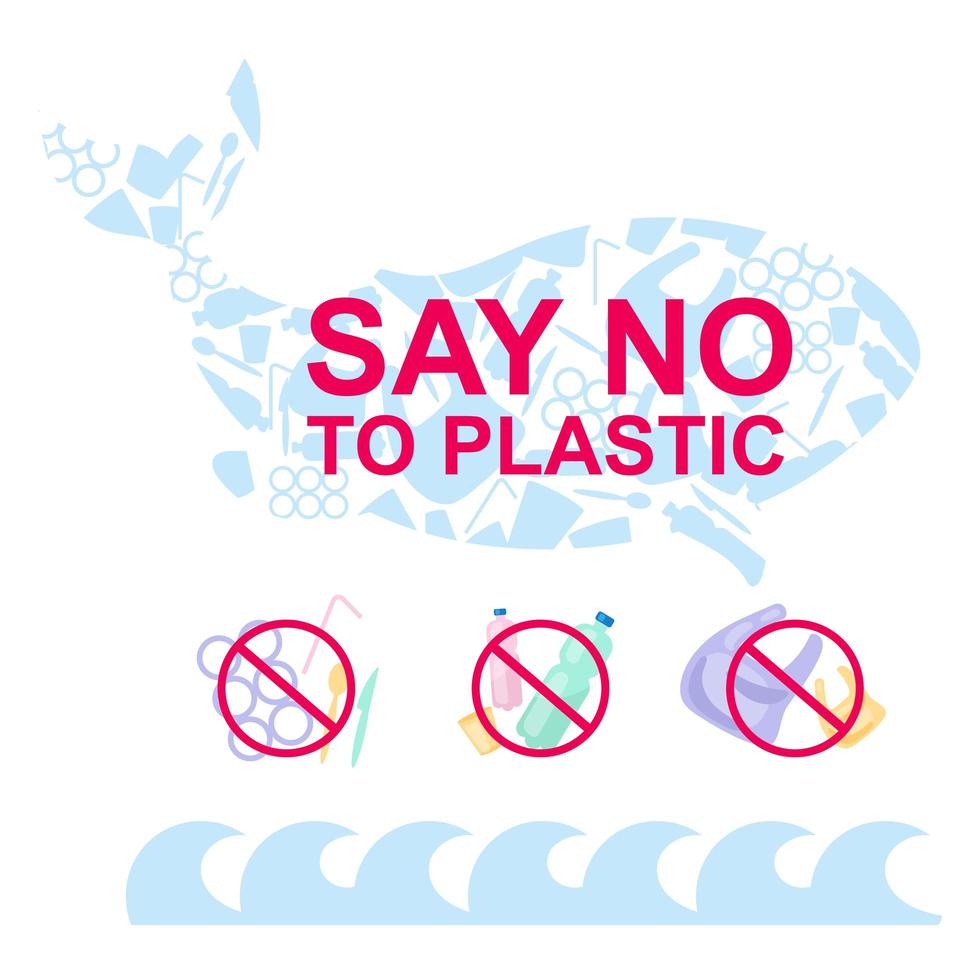 Say no to plastic in ocean flat concept icons set. Nature protection. Waste reduce and refuse. Plastic free stickers, cliparts pack. Isolated cartoon illustrations on white background vector