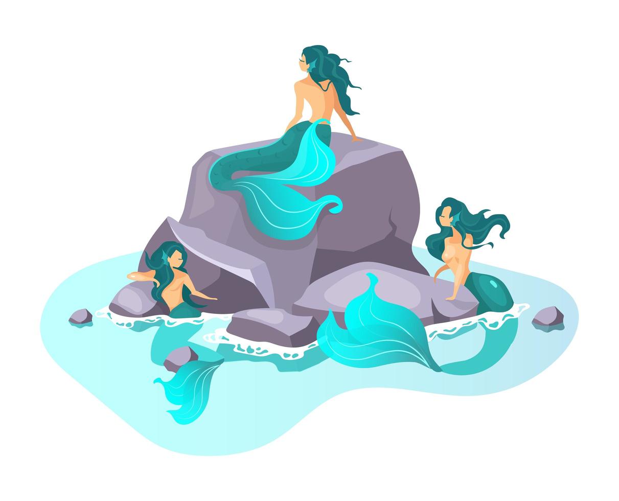 Sirens flat vector illustration. Fairy creature in sea. Fantastical half-woman beast. Enchanting monsters. Greek mythology. Mermaids on reef isolated cartoon character on white background