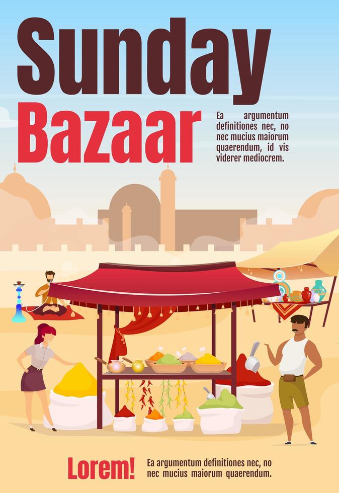 Plantilla de vector plano de cartel de bazar de domingo. mercado de egipto. mercadillo de estambul. folleto, portada, folleto diseño de concepto de una página con personajes de dibujos animados. folleto publicitario, folleto, boletín informativo