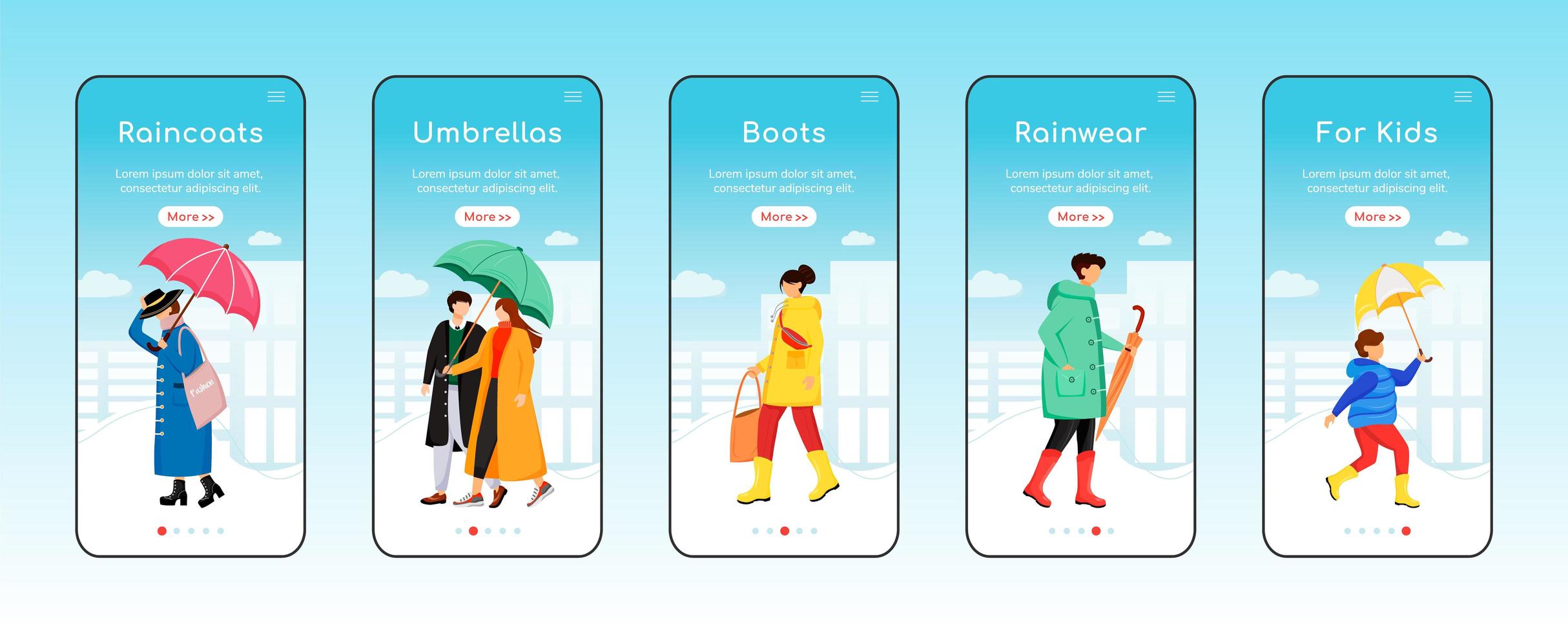 Rainwear onboarding mobile app screen flat vector template. Umbrellas and boots. Kids raincoats. Walkthrough website steps with characters. UX, UI, GUI smartphone cartoon interface, case prints set
