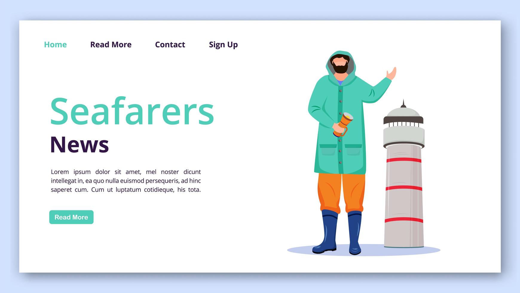 Seafarers news landing page vector template. Lighthouse keeper website interface idea with flat illustrations. Newsletter homepage layout. News publication web banner, webpage cartoon concept