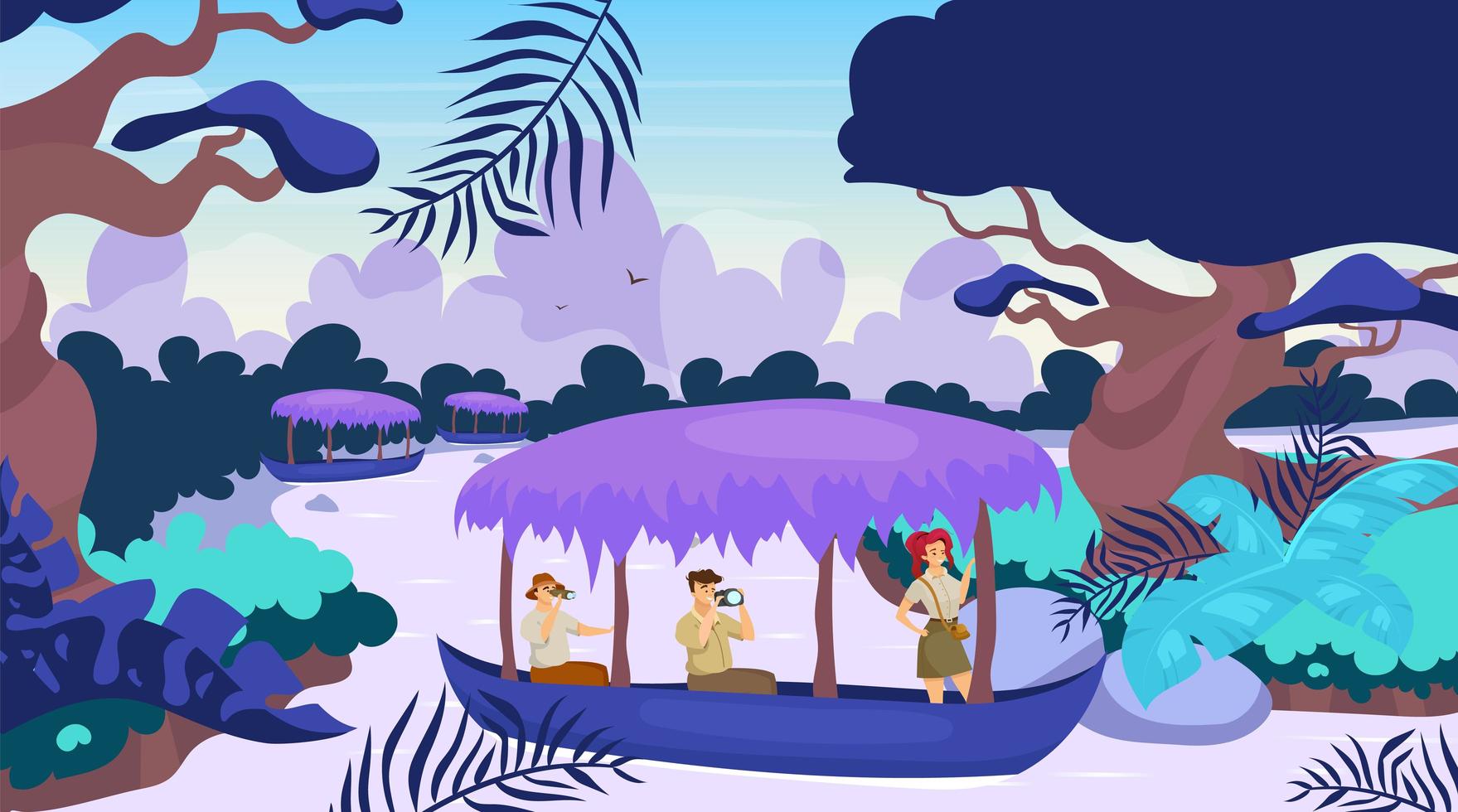 Tourist in boat flat vector illustration. Group on journey in ship. Sailing on river stream. Rainforest landscape. Amazonian forest with watercourse. Female and male cartoon characters