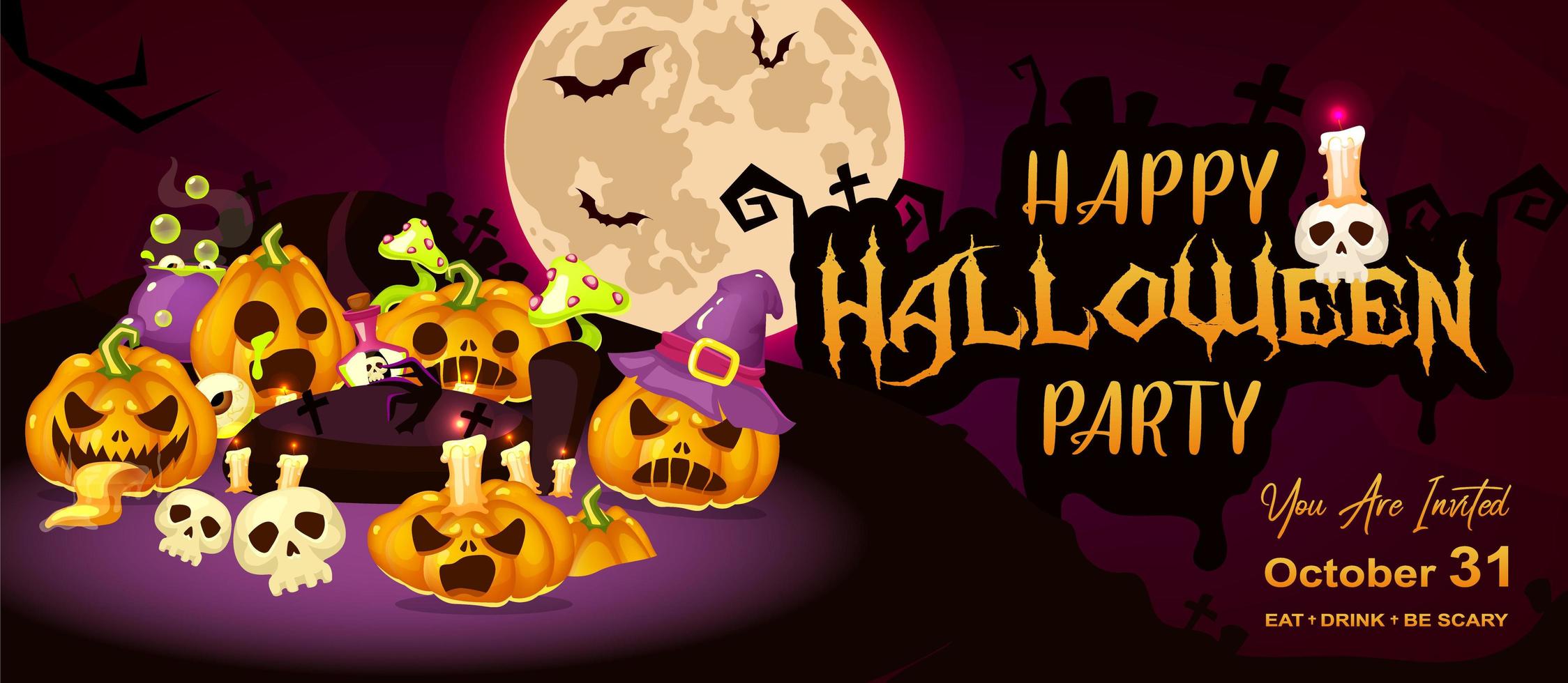 Happy halloween event flat banner template. Autumn holiday night party invitation card design layout. Spooky cartoon background with scary pumpkins, moon and lettering. Helloween horizontal poster vector