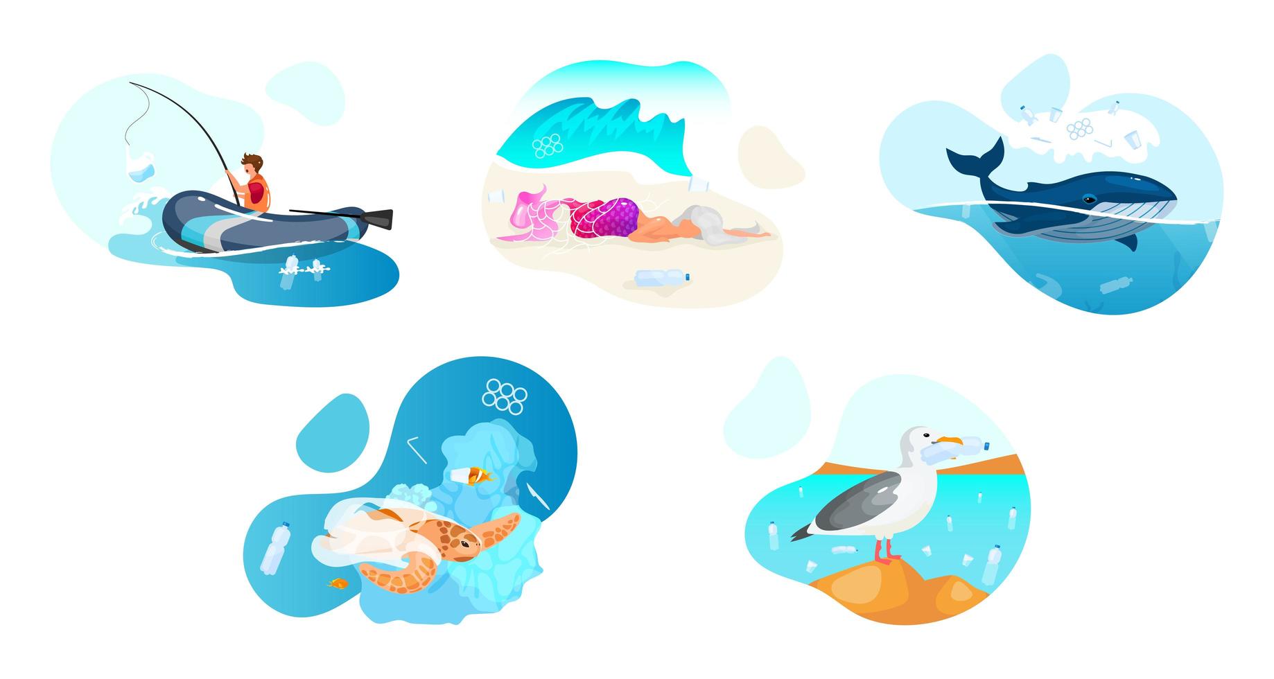 Plastic pollution in ocean flat concept icons set. Sea water contamination problem stickers, cliparts pack. Ecological catastrophe, nature damage. Isolated cartoon illustrations on white background vector