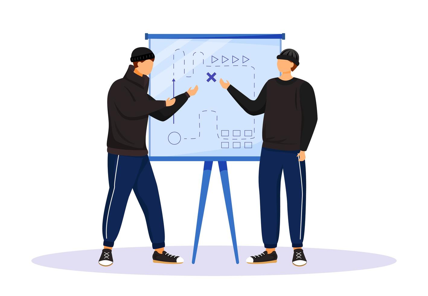 Two men planning criminal act flat color vector faceless character. Criminals preparing for attack. Robbers looking at map drawn on whiteboard. Isolated cartoon illustration