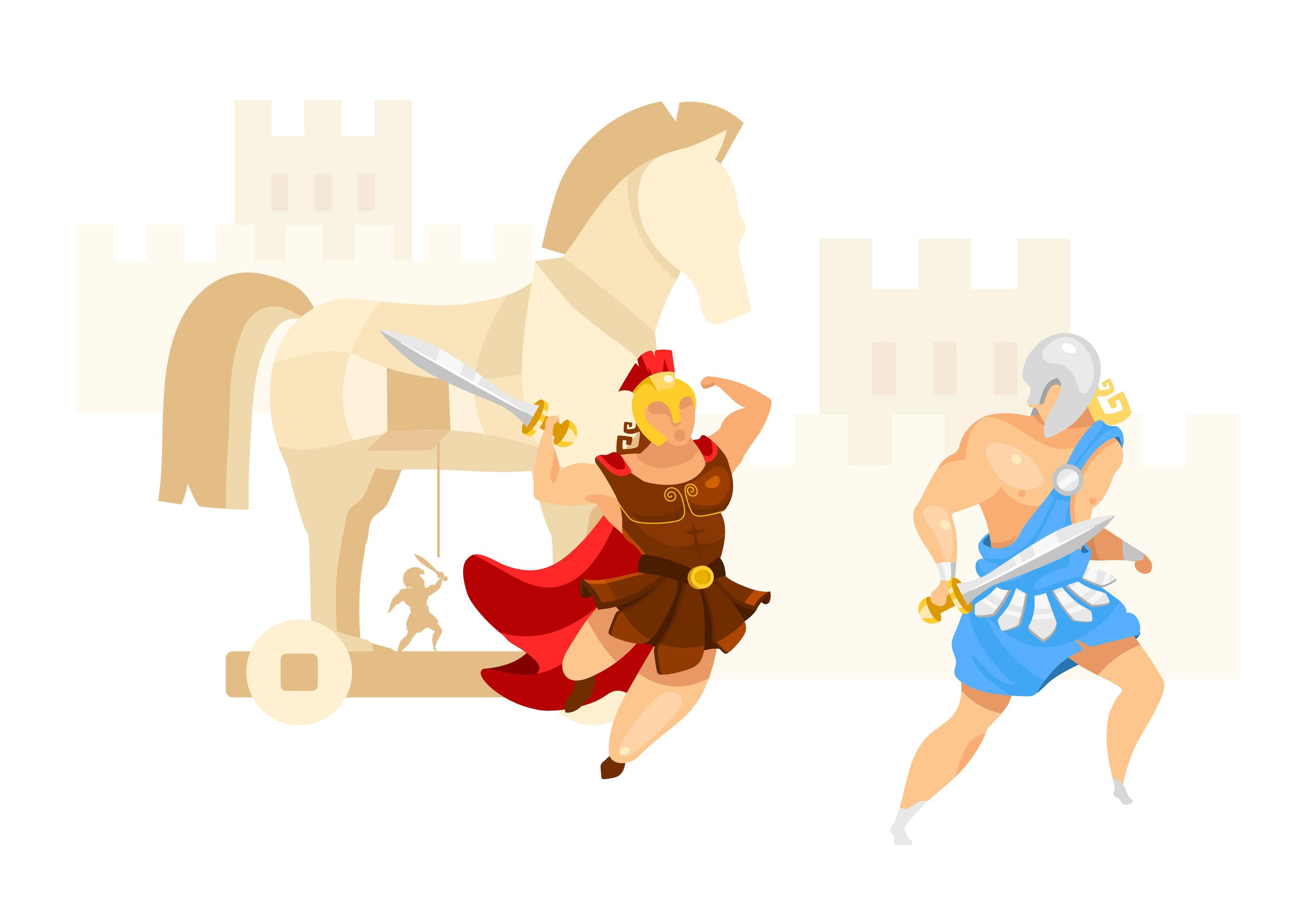 Trojan war flat vector illustration. Troy and Achilles. Warriors fight