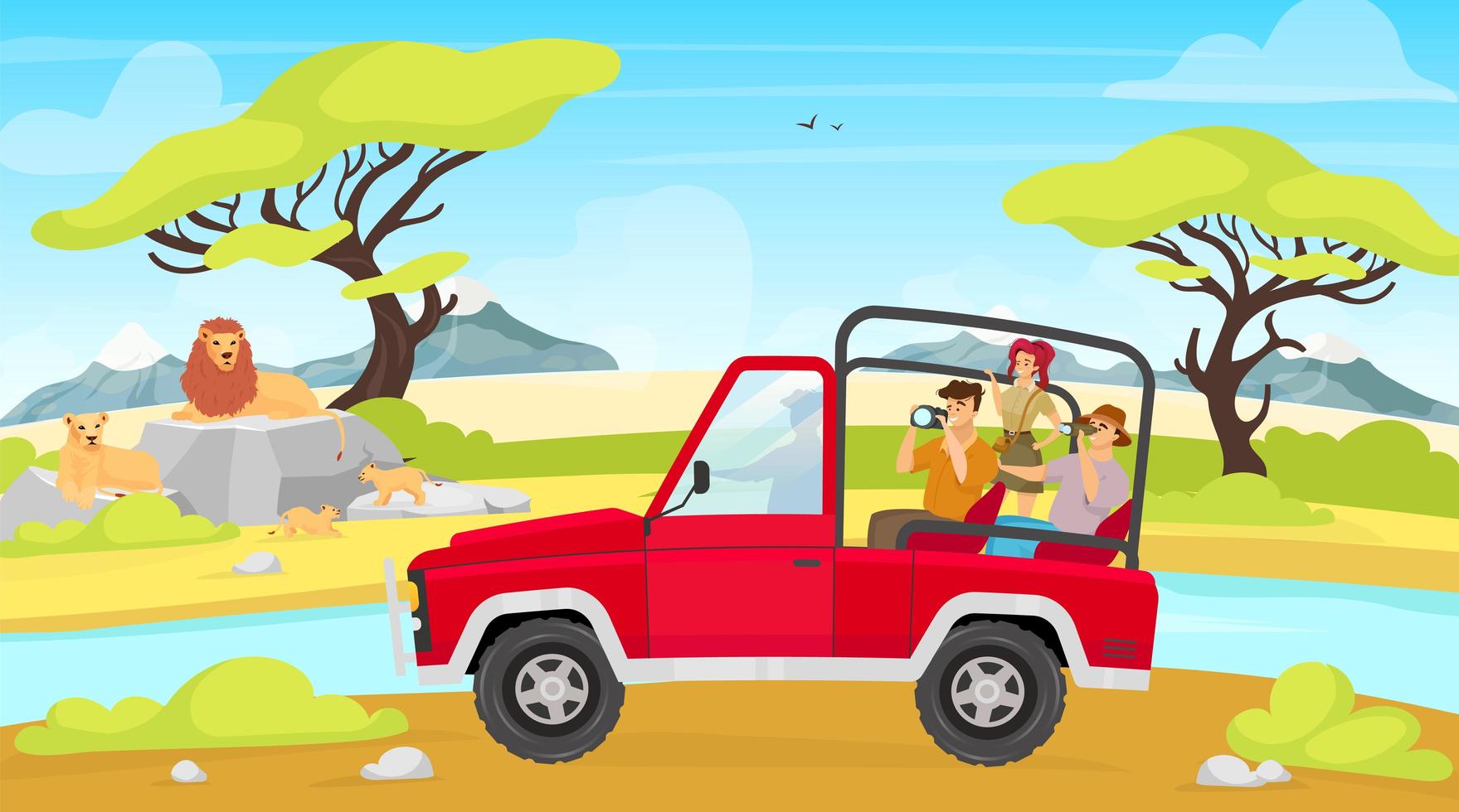 African expedition flat vector illustration. Savannah with river. Tourist group in car photograph lion family. Woman and man photograph creatures. Animals and people cartoon characters