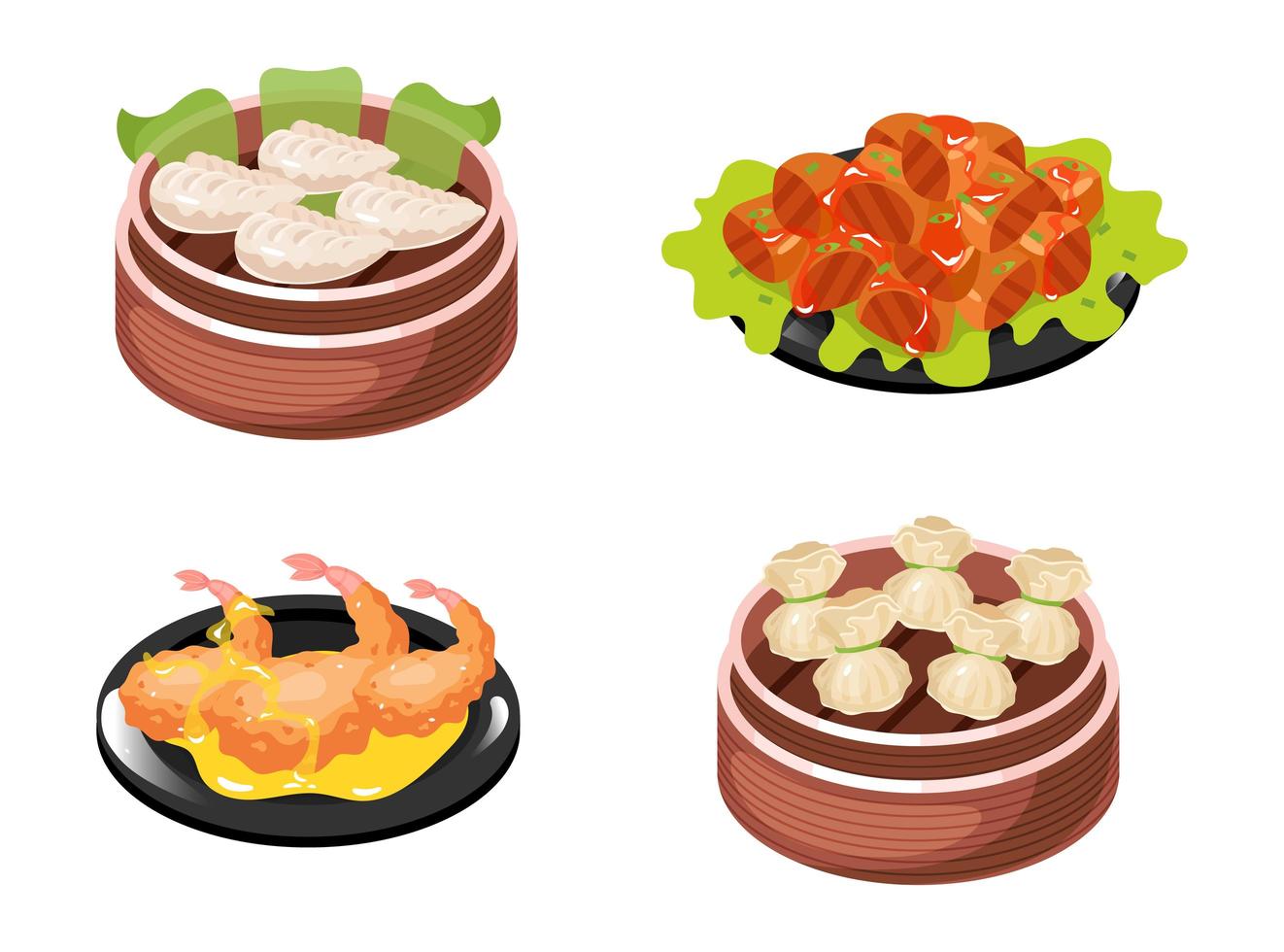 Chinese dishes color icons set. Dumplings types with meat and vegetables filling. Seafood, prawns and schrimps. Eastern traditional cuisine. Meat chops with sauce. Isolated vector illustrations