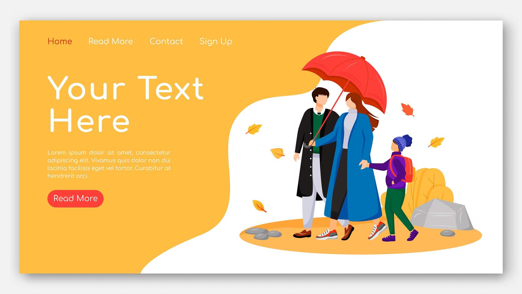 Walking family landing page flat color vector template. Parents with child homepage layout. Autumn nature one page website interface with cartoon characters. Couple with umbrella web banner, webpage