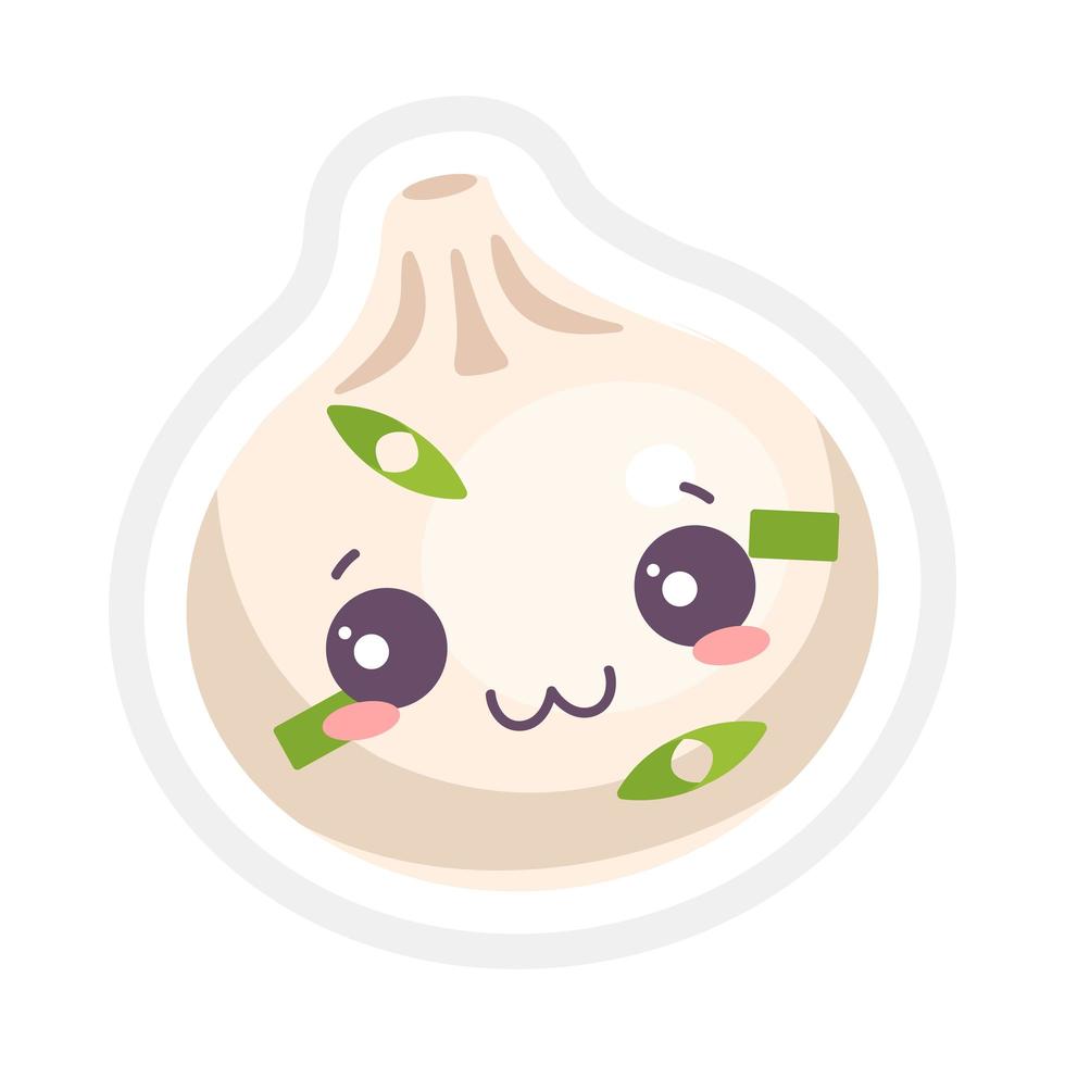 Chinese dumpling cute kawaii vector character. Asian traditional dish with smiling face. Eastern cuisine. Xiao long bao dish. Funny emoji, emoticon. Isolated cartoon color illustration