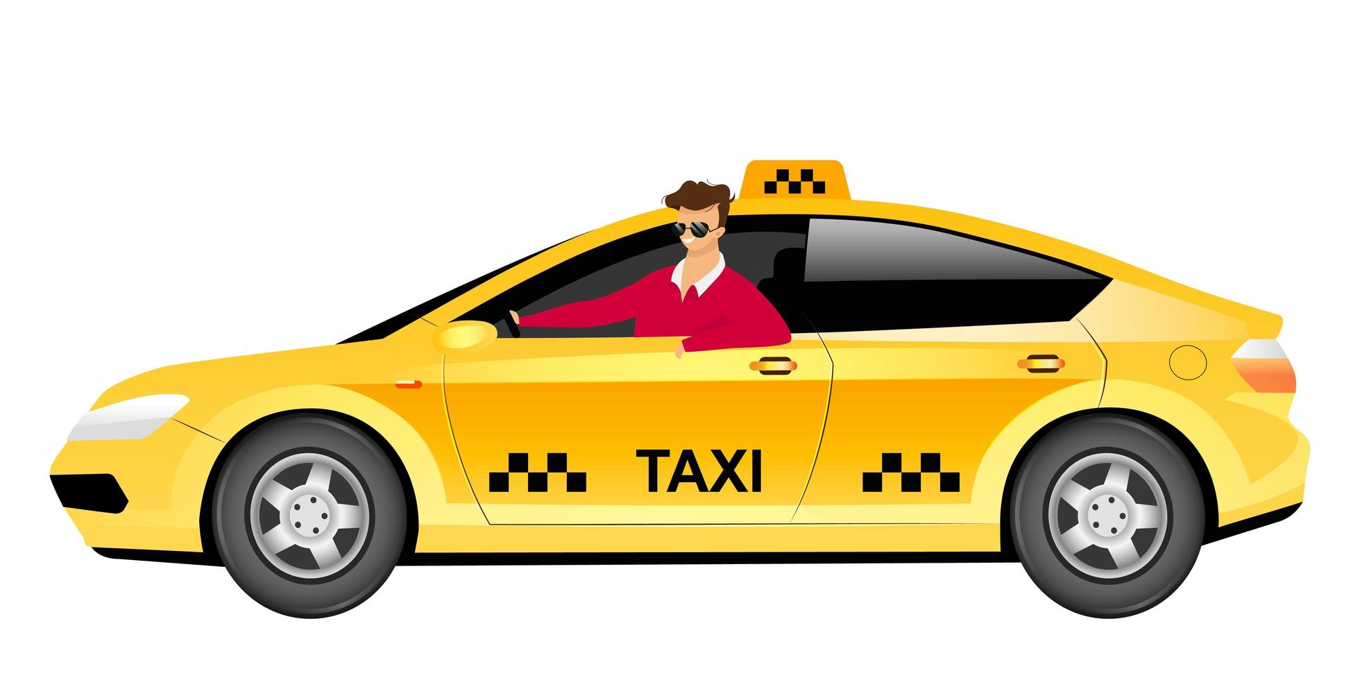 conductor de taxi en carácter sin rostro del vector del color plano del coche. Hombre sonriente sentado en sedán amarillo aislado ilustración de dibujos animados para diseño gráfico web y animación. servicio de entrega de taxi