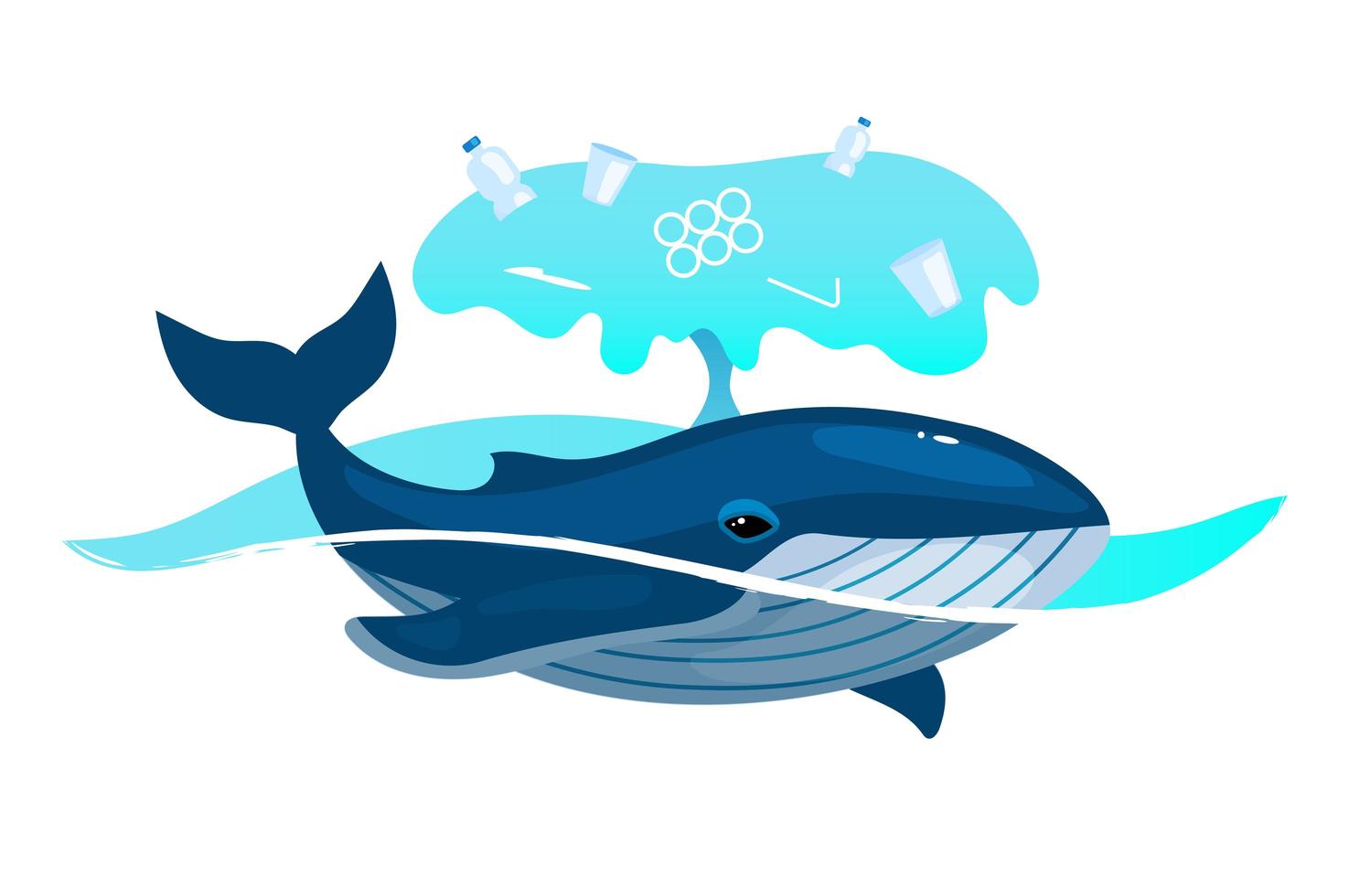 ballena en el océano con icono de concepto plano de residuos plásticos.  Problema de contaminación ambiental.