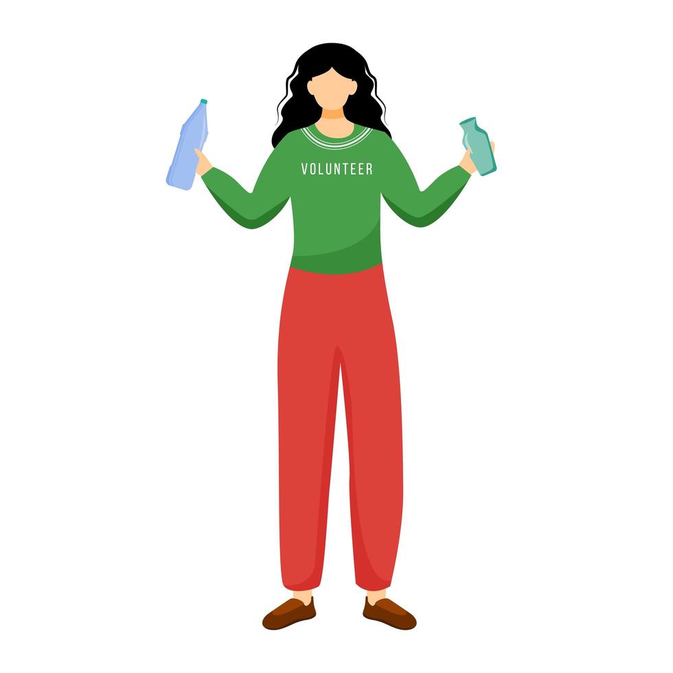 Environmental activist flat vector illustration. Volunteer holding plastic bottle isolated cartoon character on white background. Voluntary nature protection. Zero waste policy design element