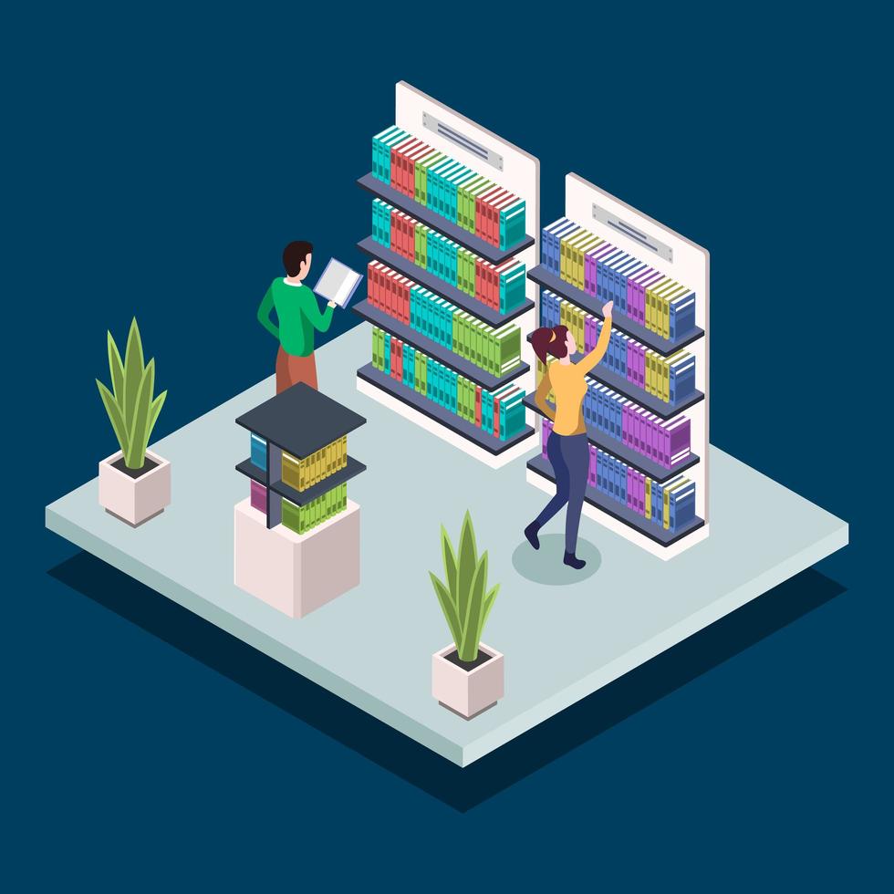 People at modern book library isometric color vector illustration. Bookstore shelves. University students reading, searching textbooks. Public library 3d concept isolated on blue background