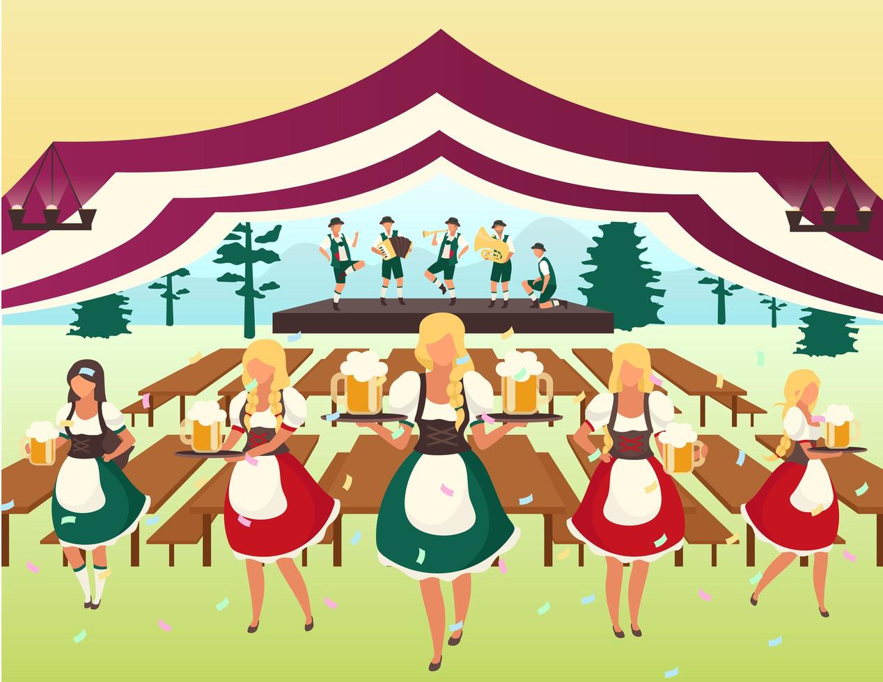 Oktoberfest flat vector illustration. Beer tent. Folk musical performance, october fest show. Waiters in national costumes serving drinks. Beer Festival. Volksfest cartoon characters