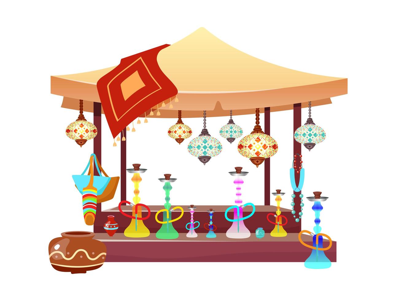 carpa del mercado oriental con ilustración de dibujos animados de narguiles. Toldo de bazar oriental con shisha, accesorios artesanales y souvenirs objeto de color plano. Egipto, puesto en el mercado de Estambul aislado en blanco vector