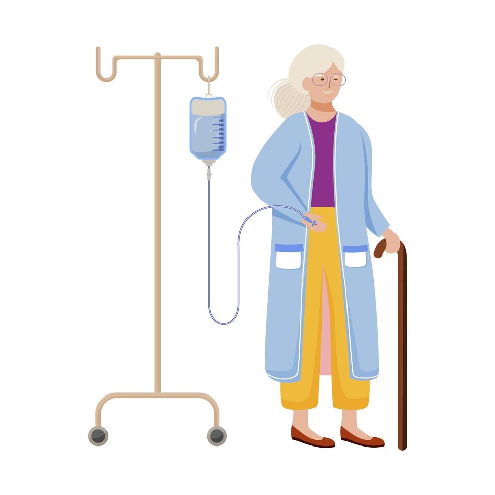 Old lady with medical infusion flat vector illustration. Aged woman with walking cane, hospital patient isolated cartoon character on white background. Healthcare industry, nursing home design element