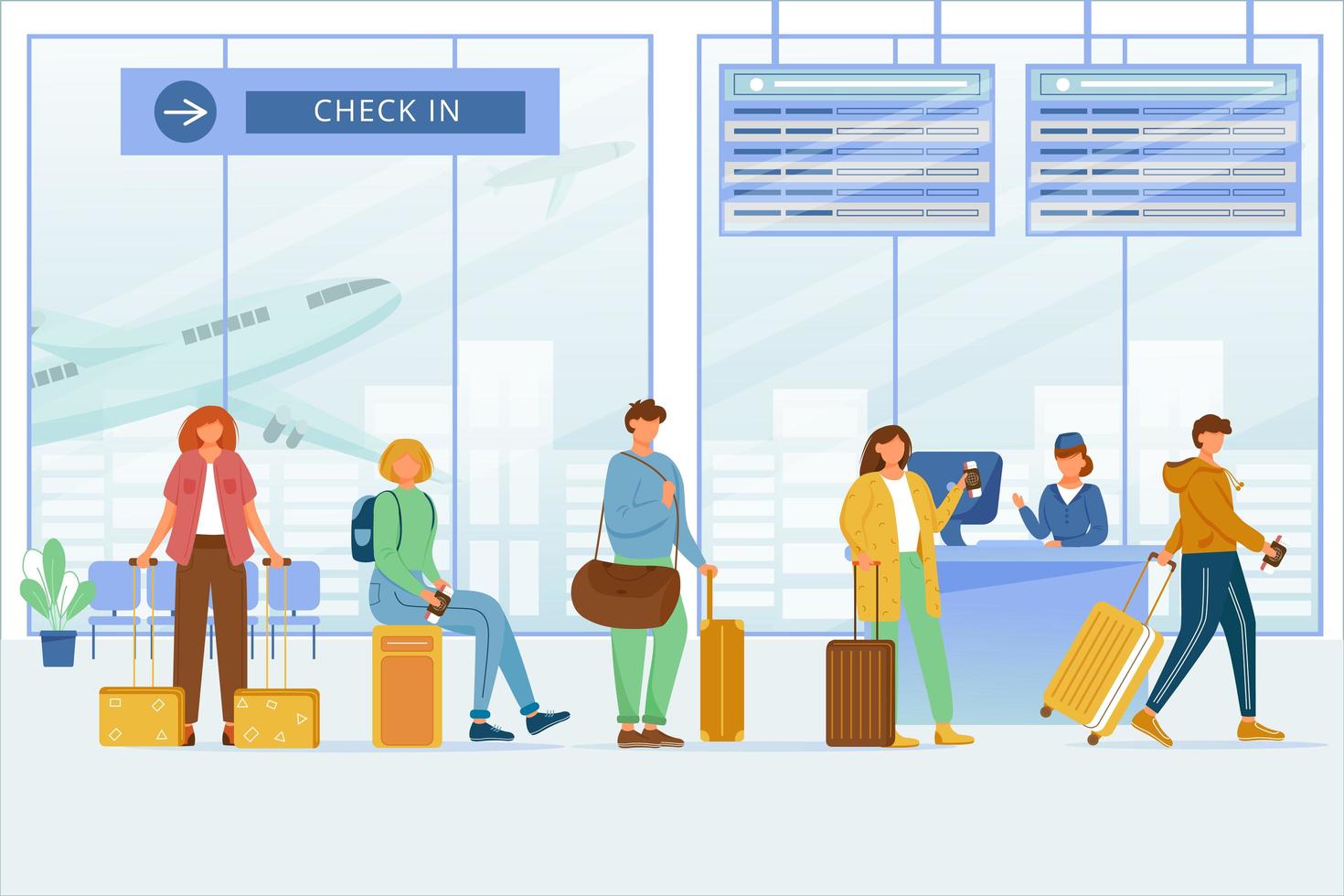 Check in airport zone flat vector illustration. Travelers with luggage at boarding registration, departure board. Aircraft passengers. Travel by plane. Queue tourists to check desk cartoon characters