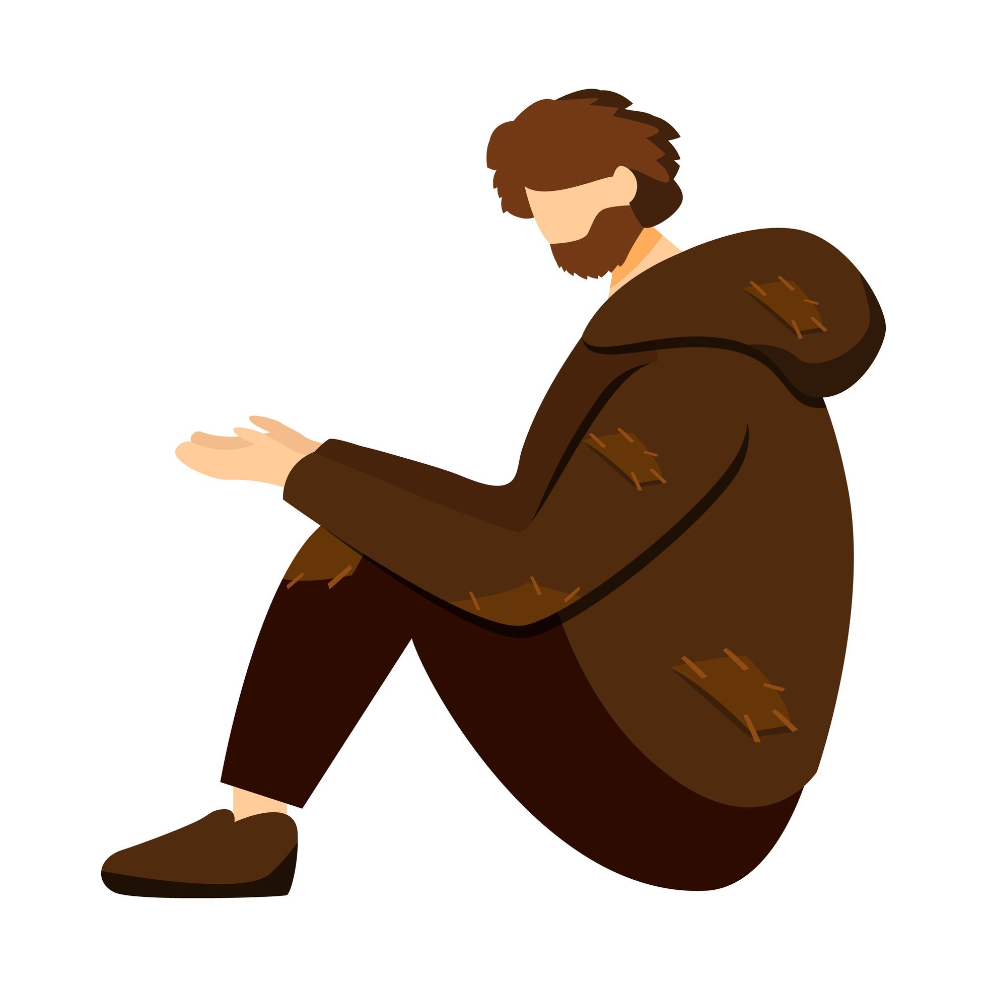 Poor beggar, miserable pauper flat vector illustration. Homeless man