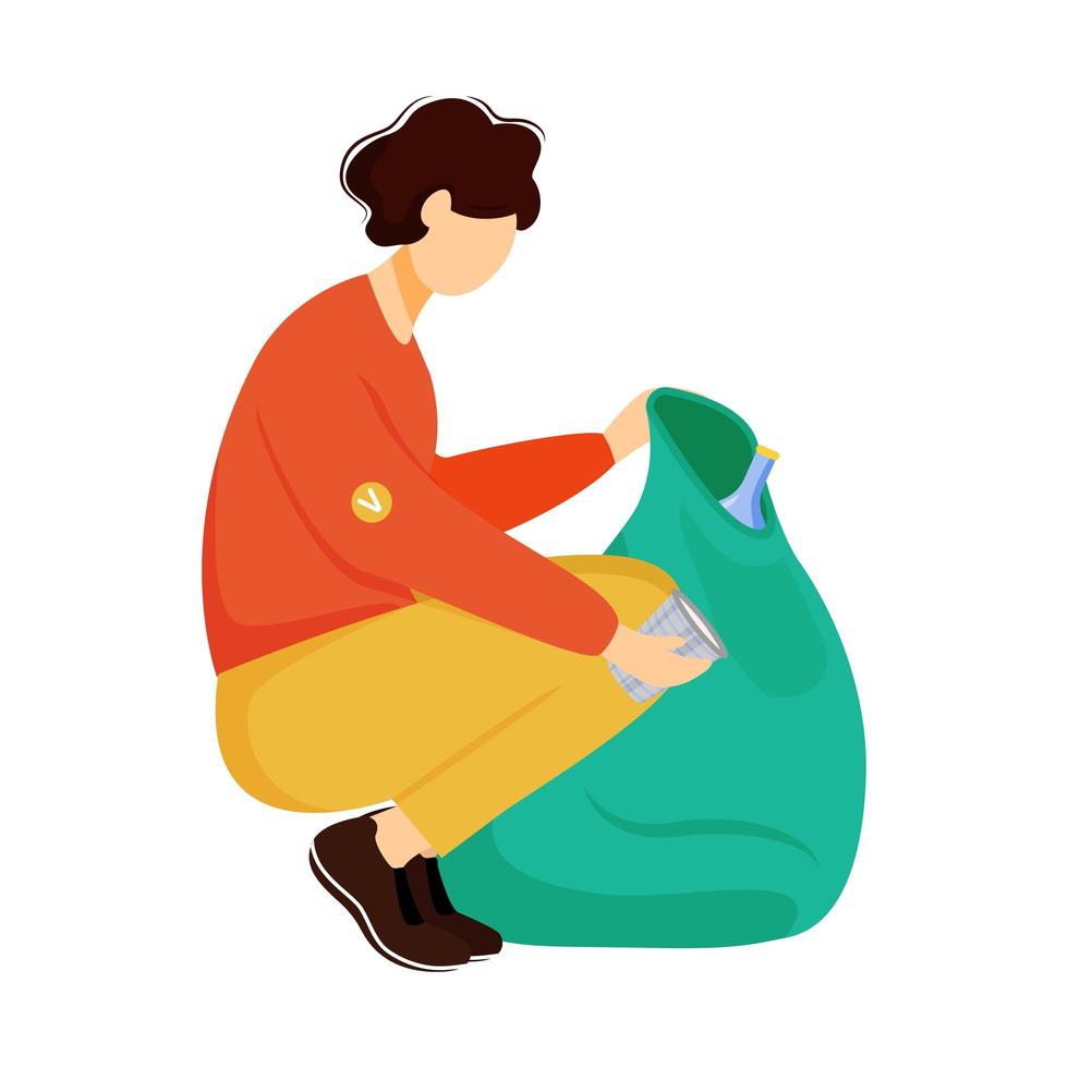 Community worker cleaning trash flat vector illustration. Young volunteer, environmental activist isolated cartoon character on white background. Waste management, garbage sorting design element