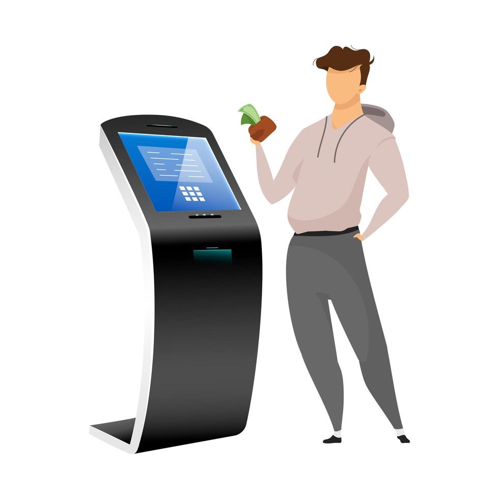 Cash machine user flat color vector faceless character. Man with money near bank terminal isolated cartoon illustration on white background. Freestanding construction for financial operations