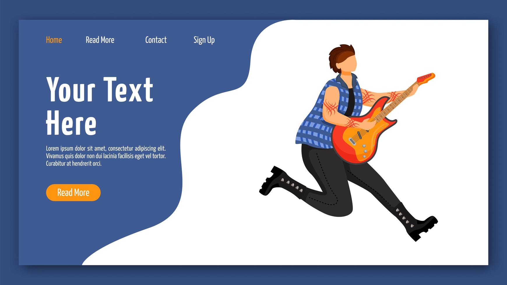 Guitarist landing page vector template. Jumping guitar player website interface idea with flat illustrations. Musician homepage layout. Music band member web banner, webpage cartoon concept