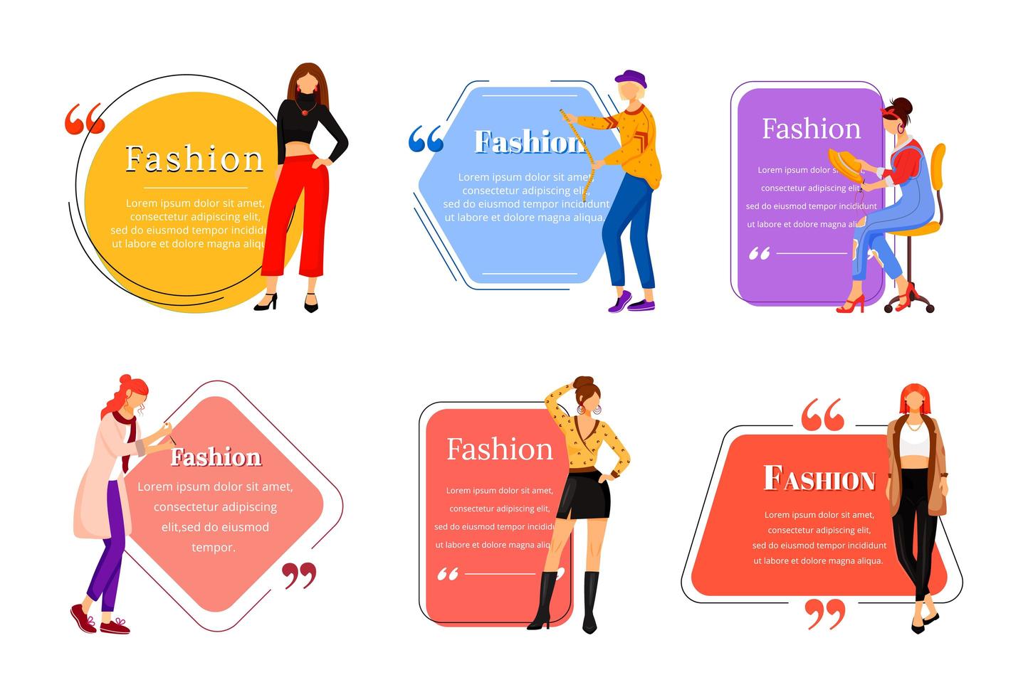 Fashion designer flat color vector character quote set. Individual tailoring. Successful females. Modern trendsetters. Citation blank frame template. Speech bubble. Quotation empty text box design