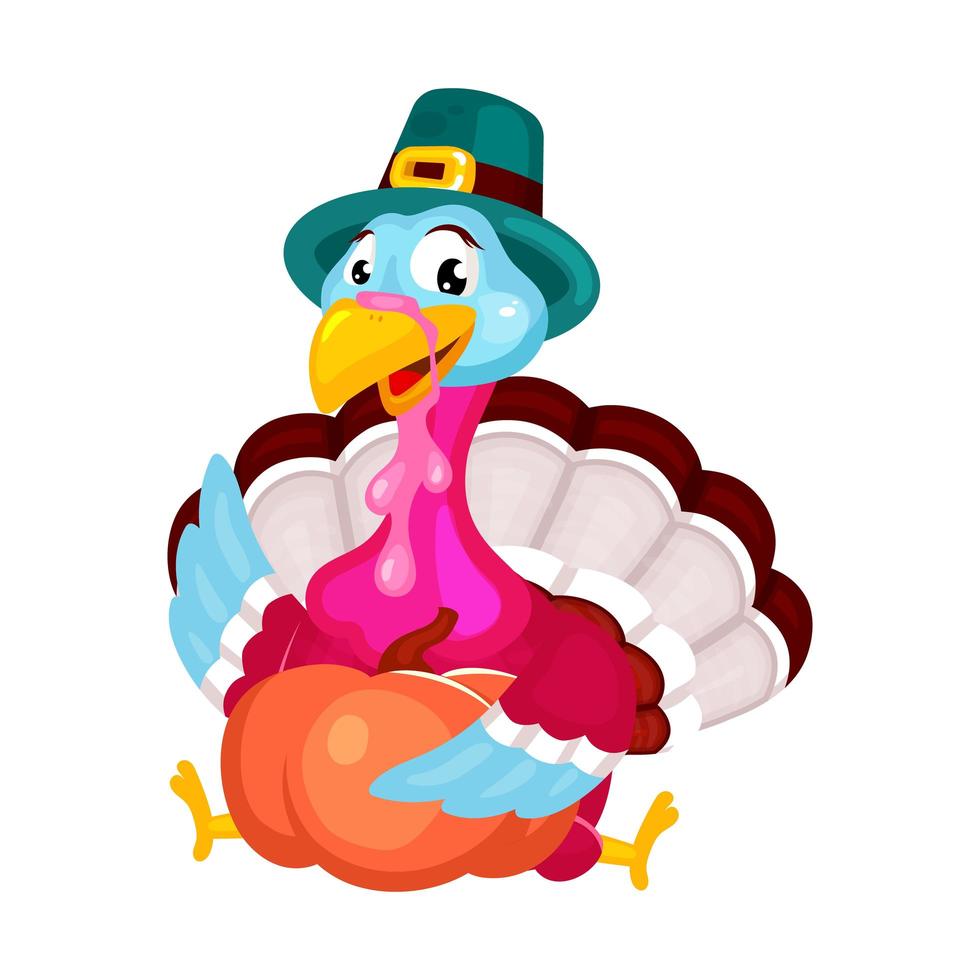 Thanksgiving day flat vector illustration. Turkey with traditional hat. Fall annual holiday celebration. Pilgrims turkey with pumpkin isolated cartoon character on white background