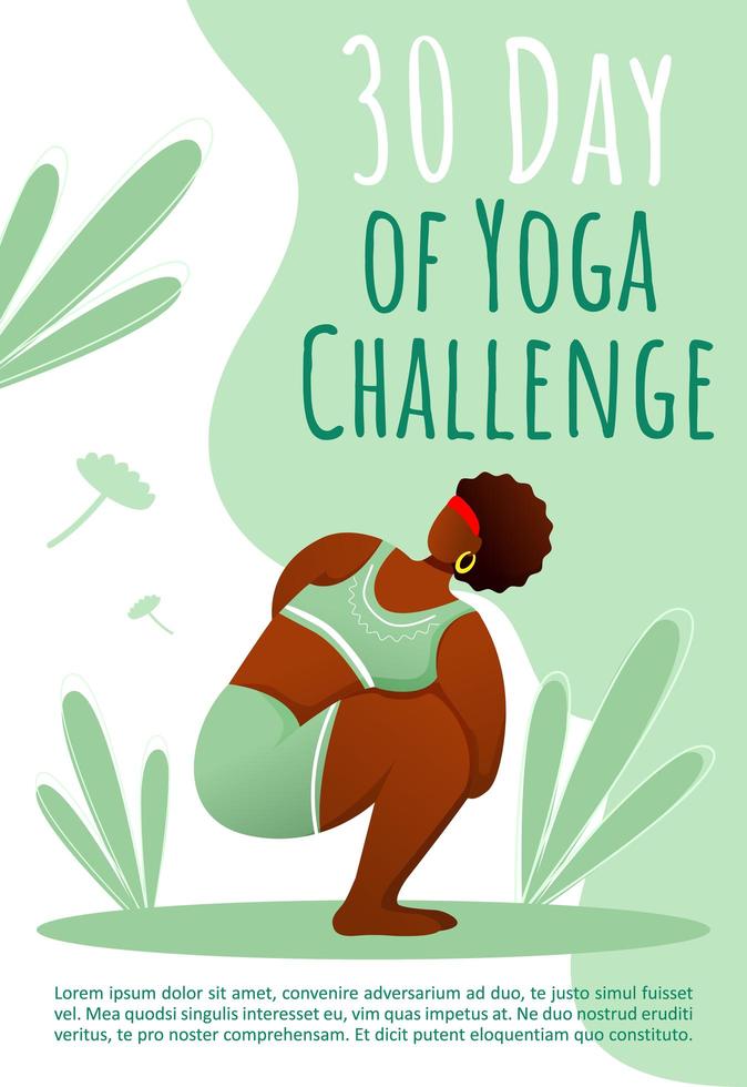 Plantilla de folleto de 30 días de desafío de yoga. estilo de vida saludable. folleto de yoga bodypositive, folleto, concepto de folleto con ilustraciones planas. diseño de dibujos animados de página vectorial para revista con espacio de texto vector