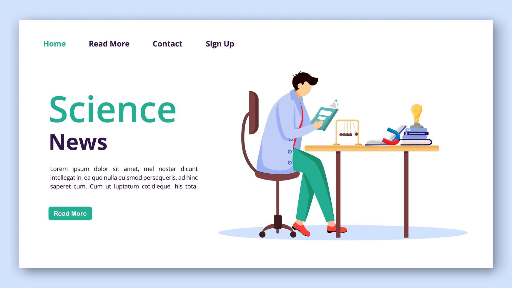 Science news landing page vector template. Reading researches website interface idea with flat illustrations. Physics discoveries homepage layout, web banner, webpage cartoon concept