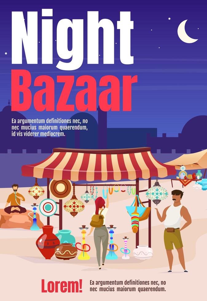 Plantilla de vector plano de cartel de bazar nocturno. Turquía, mercado callejero de Egipto con recuerdos. folleto, portada, folleto diseño de concepto de una página con personajes de dibujos animados. folleto publicitario, folleto, boletín informativo