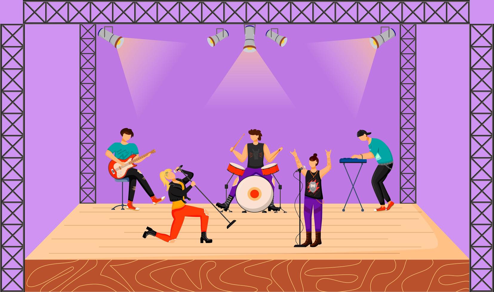 Punk rock band flat vector illustration. Music group with two vocalists performing at concert. Musicians playing together on stage. Live musical performance. Festival. Cartoon characters
