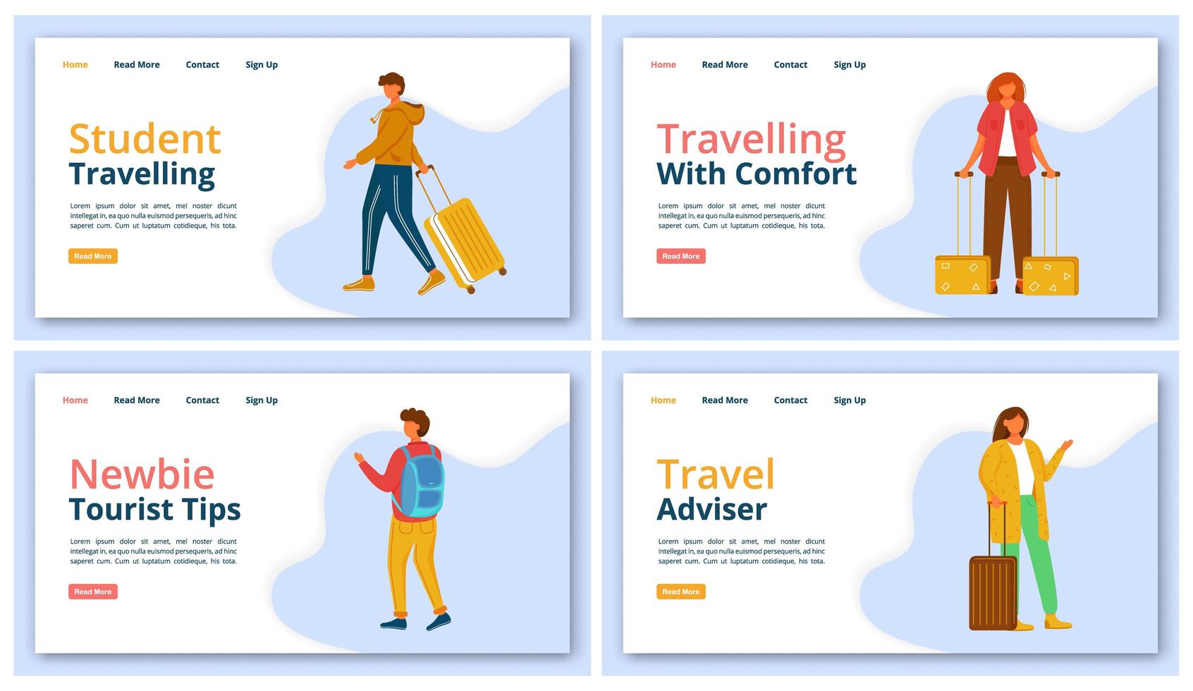 Travel company landing page vector template set. Tourist agency website interface idea with flat illustrations. Tour operator homepage layout. Voyager help web banner, webpage cartoon concept