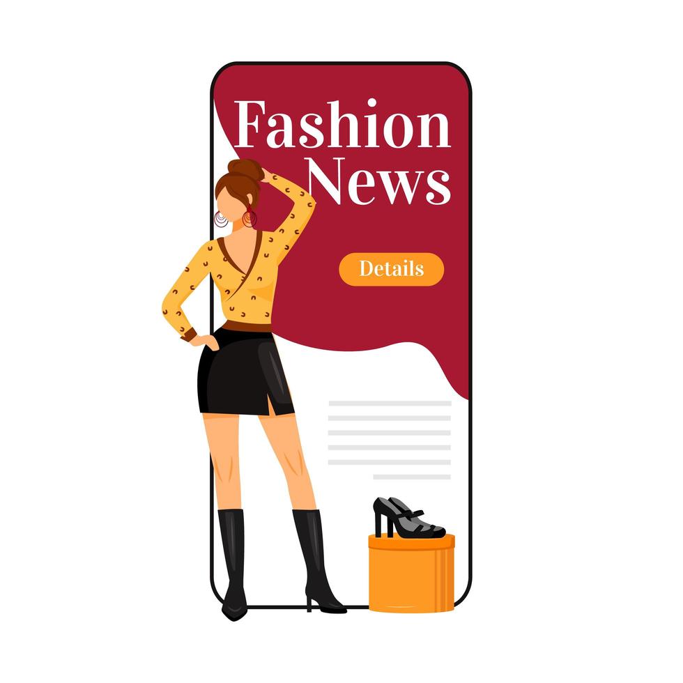 Fashion news cartoon smartphone vector app screen. Catwalk model style. New designer outfits. Mobile phone display with flat character design mockup. Fashion trends application telephone interface