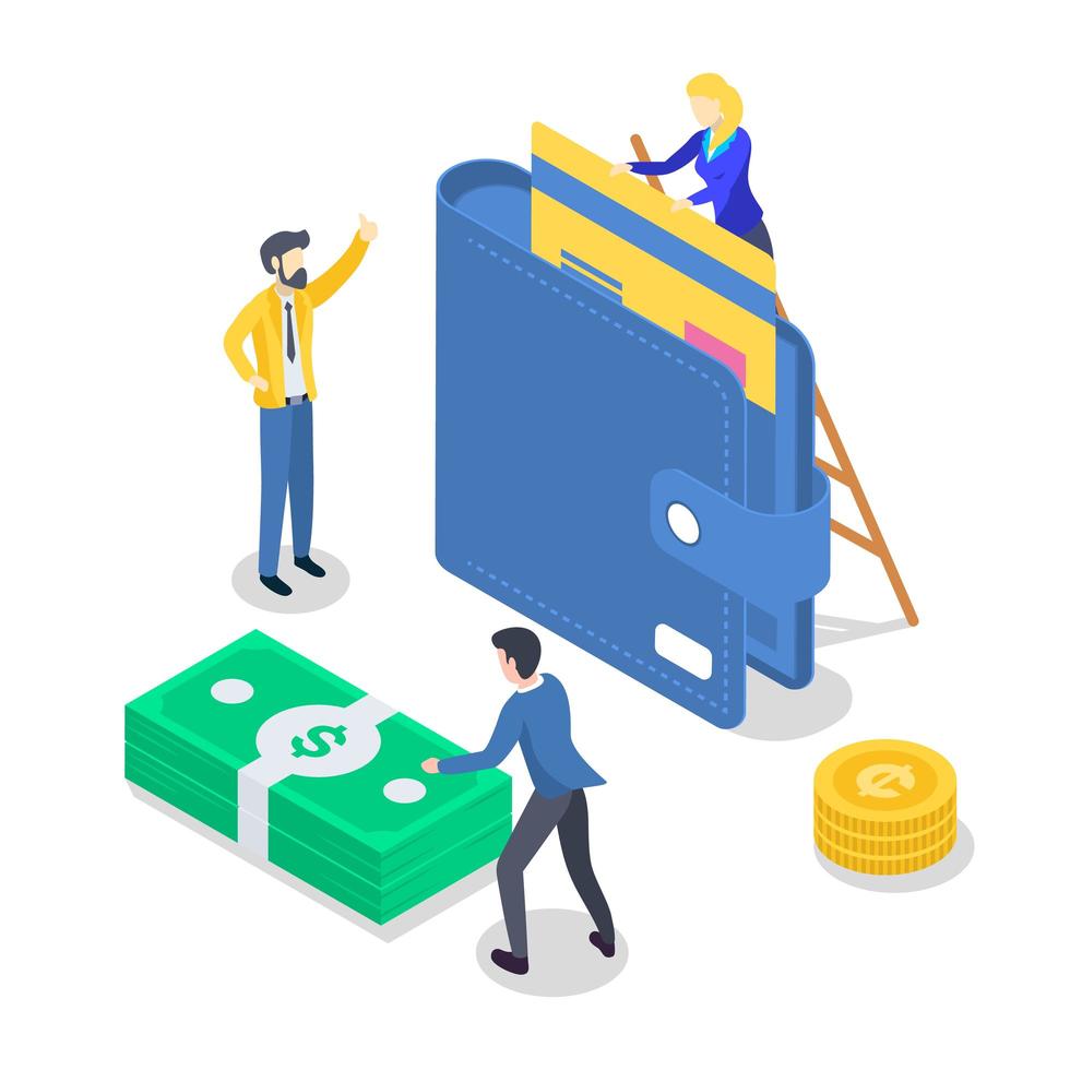 Salary payment isometric color vector illustration. Accounting and audit. Saving money. Revenue increase. Banking. Annual bonus. Payout, payday. People receiving wage. 3d concept isolated on white