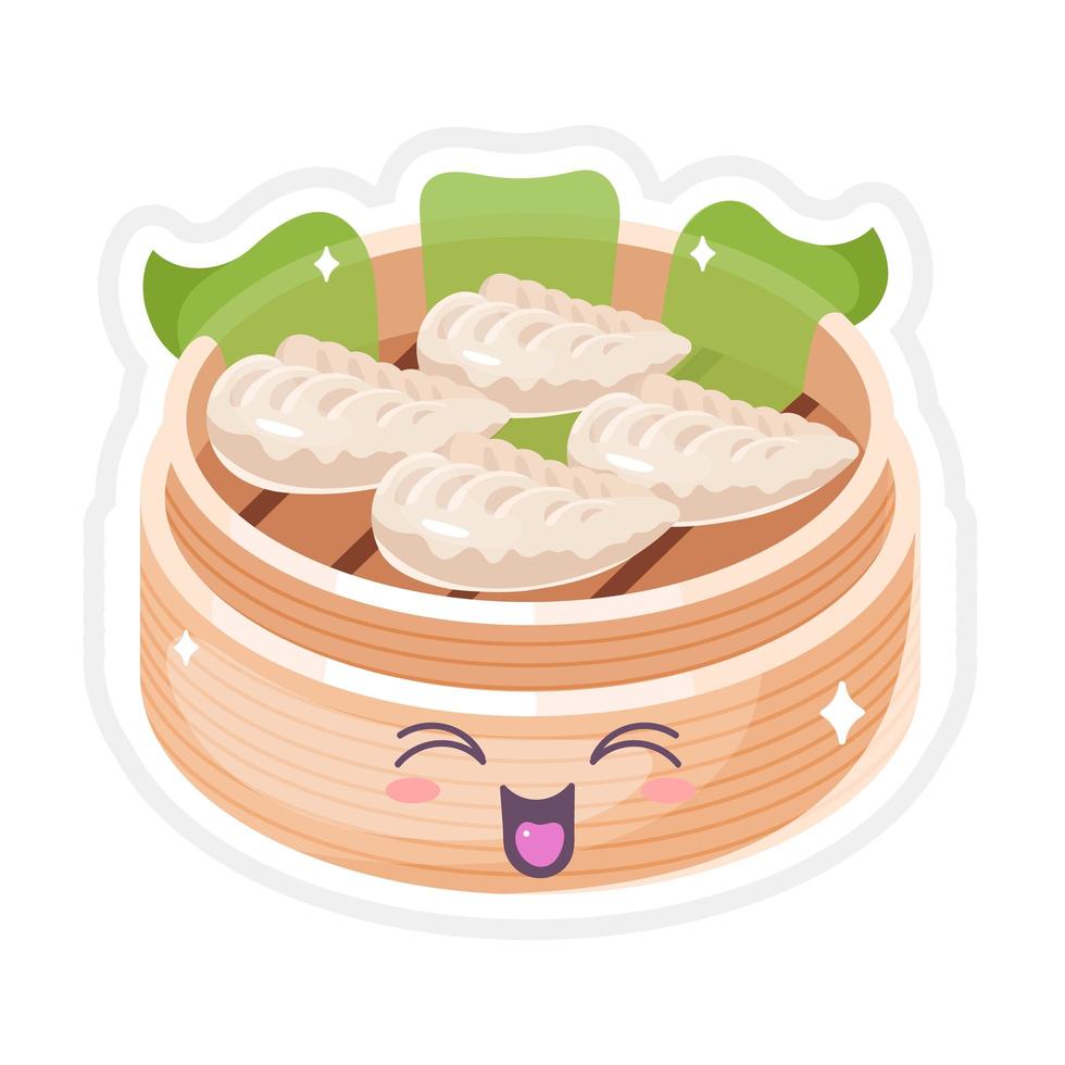 Chinese dim sum cute kawaii vector character. Asian traditional dish with smiling face. Eastern cuisine. Dumplings with spices. Funny emoji, emoticon. Isolated cartoon color illustration