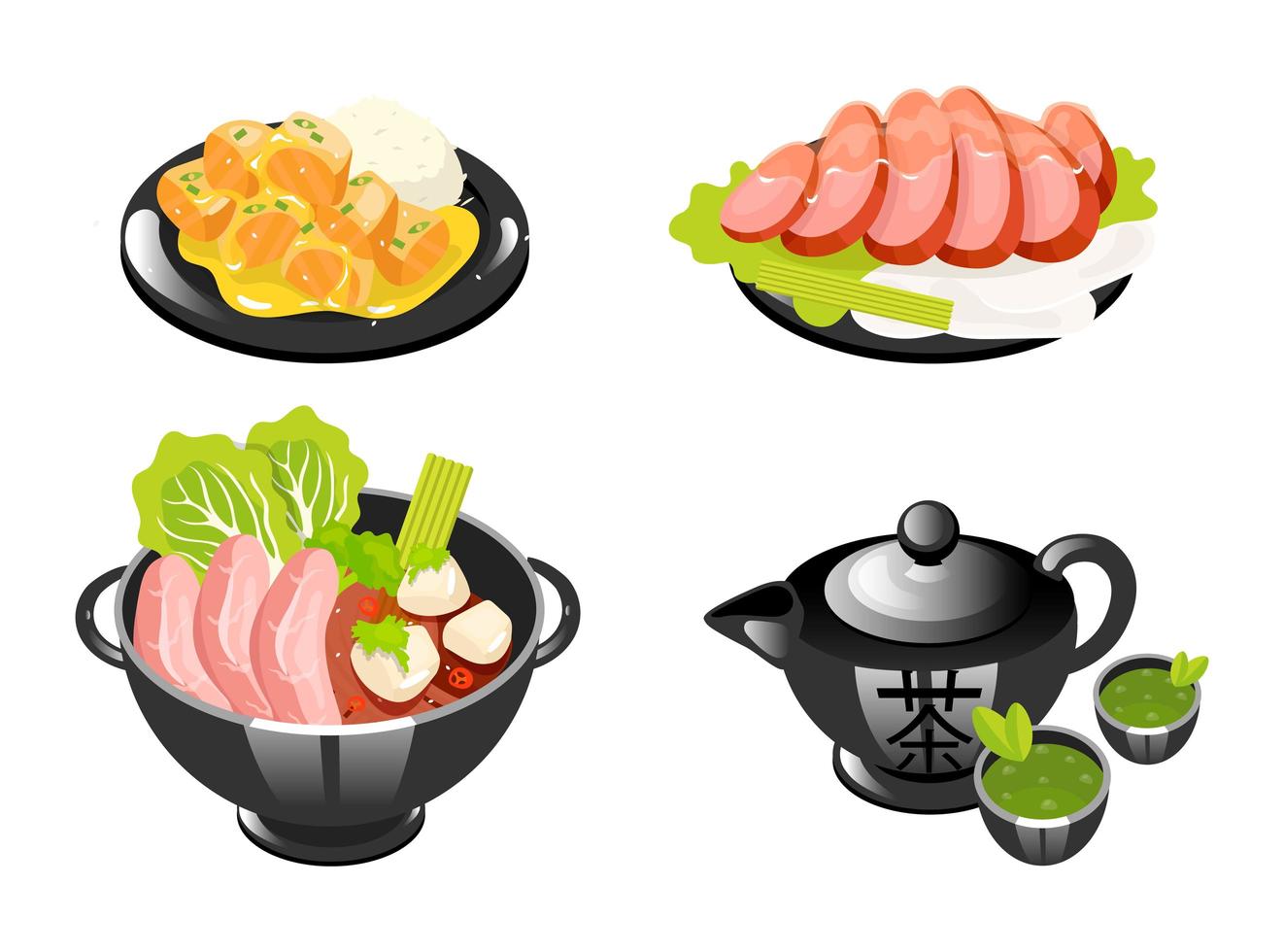 Chinese dishes color icons set. Noodle soup with meat and vegetables. Tea ceremony culture. Eastern traditional cuisine. Meat chops with sauce and rice. Isolated vector illustrations