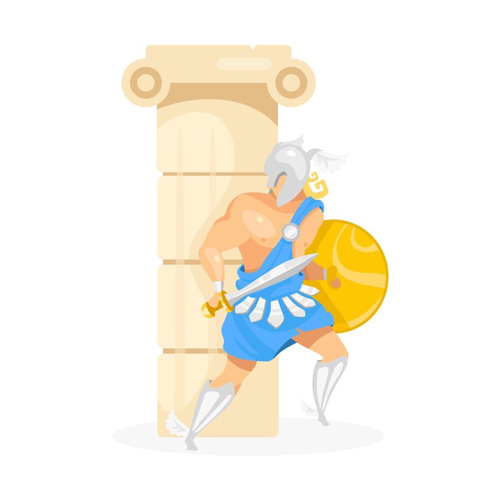 Gladiator behind column flat vector illustration. Perseus hiding behind pillar. Fighter in armor. Warrior with shield and sword. Man in defense pose isolated cartoon character on white background